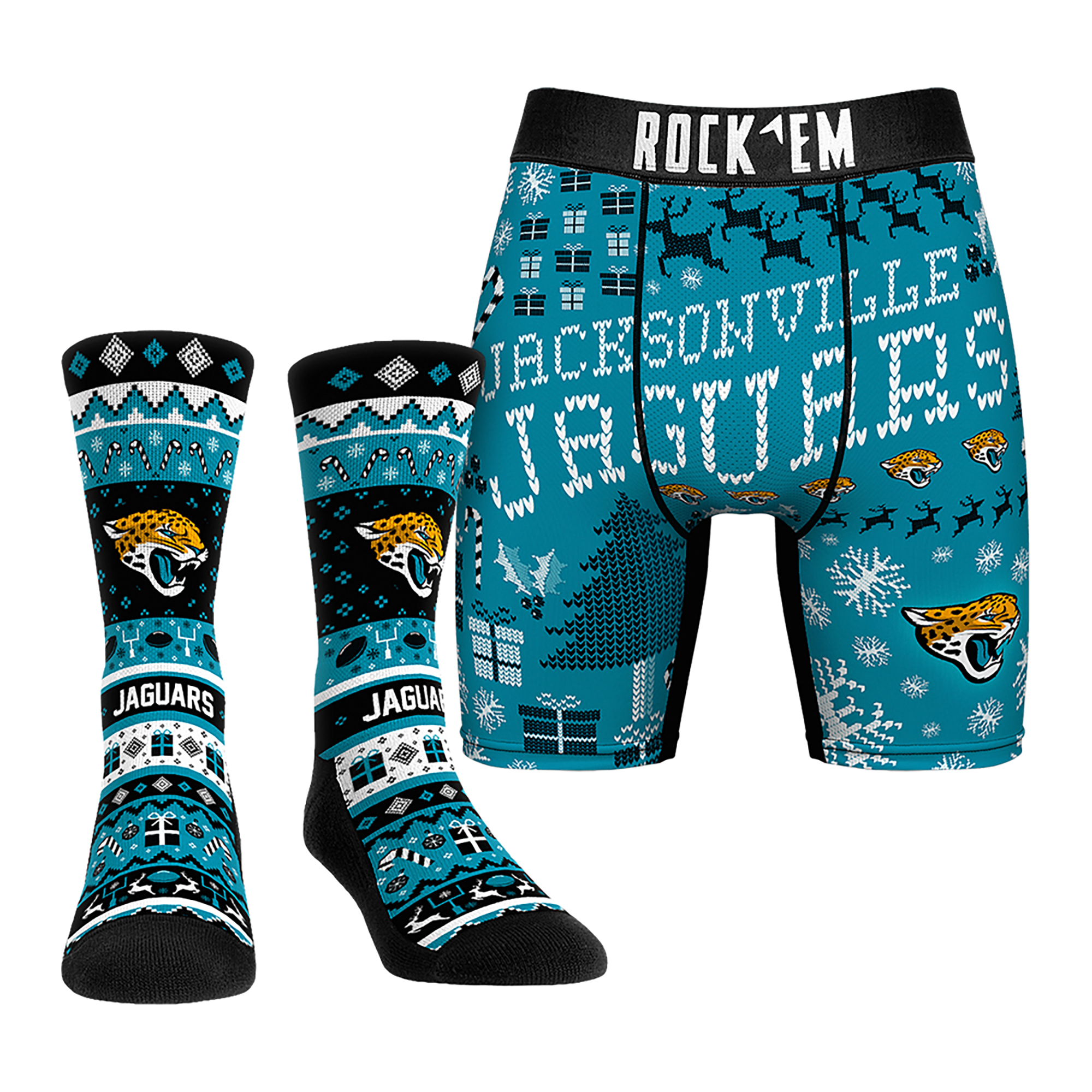 Men's Rock Em Socks Jacksonville Jaguars Holiday Tacky Sweater Underwear and Crew Socks Combo Pack