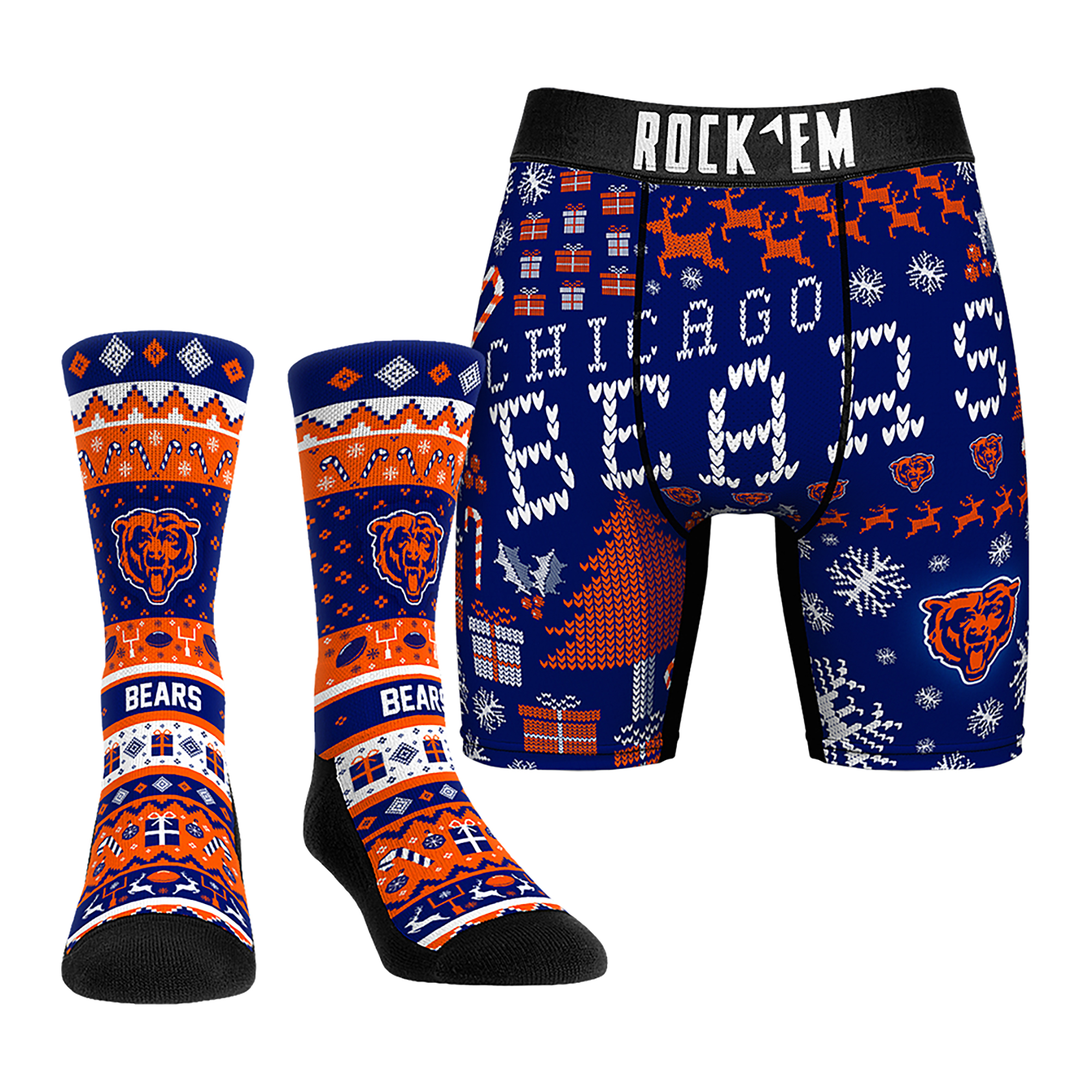 Men's Rock Em Socks Chicago Bears Holiday Tacky Sweater Underwear and Crew Socks Combo Pack