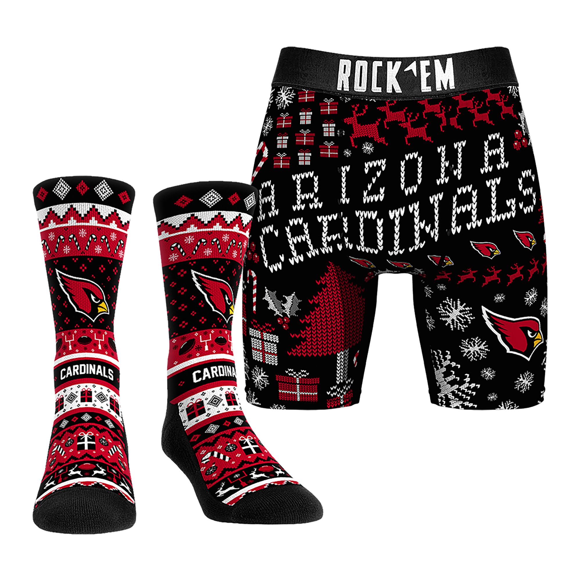 Men's Rock Em Socks Arizona Cardinals Holiday Tacky Sweater Underwear and Crew Socks Combo Pack
