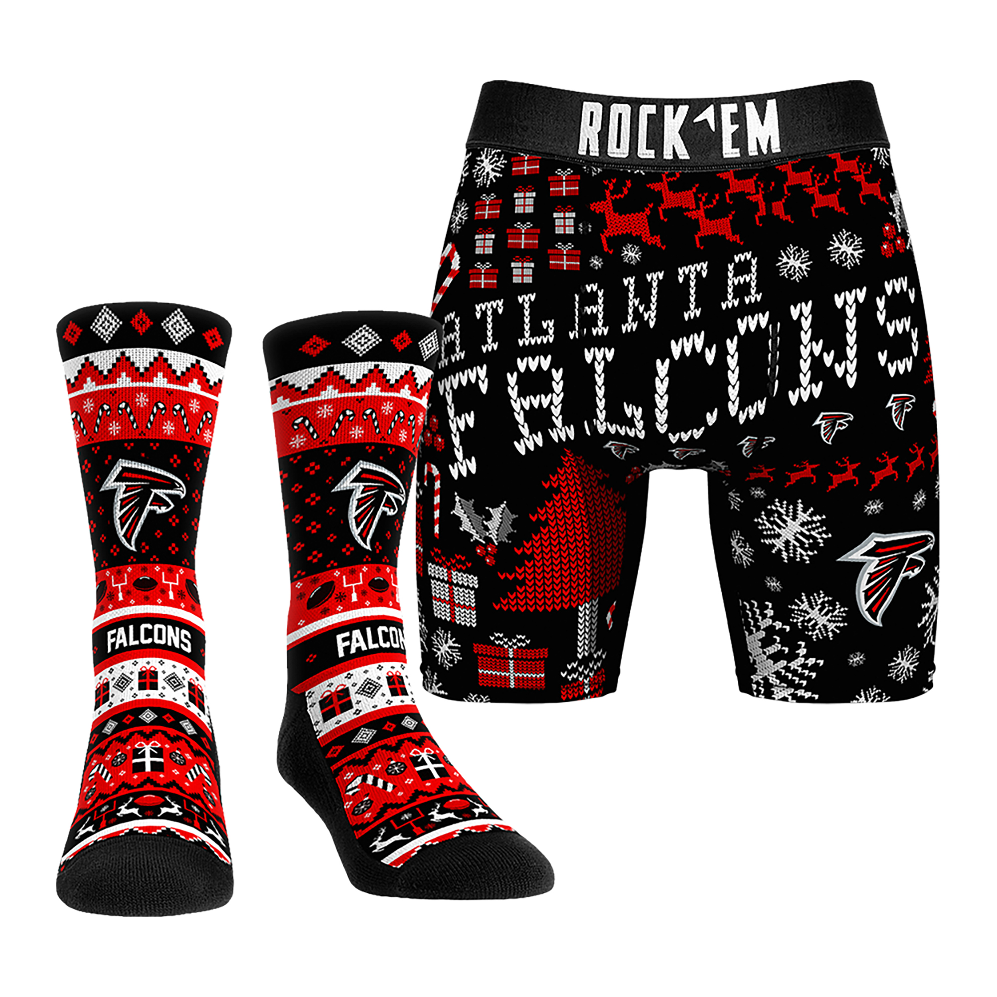Men's Rock Em Socks Atlanta Falcons Holiday Tacky Sweater Underwear and Crew Socks Combo Pack
