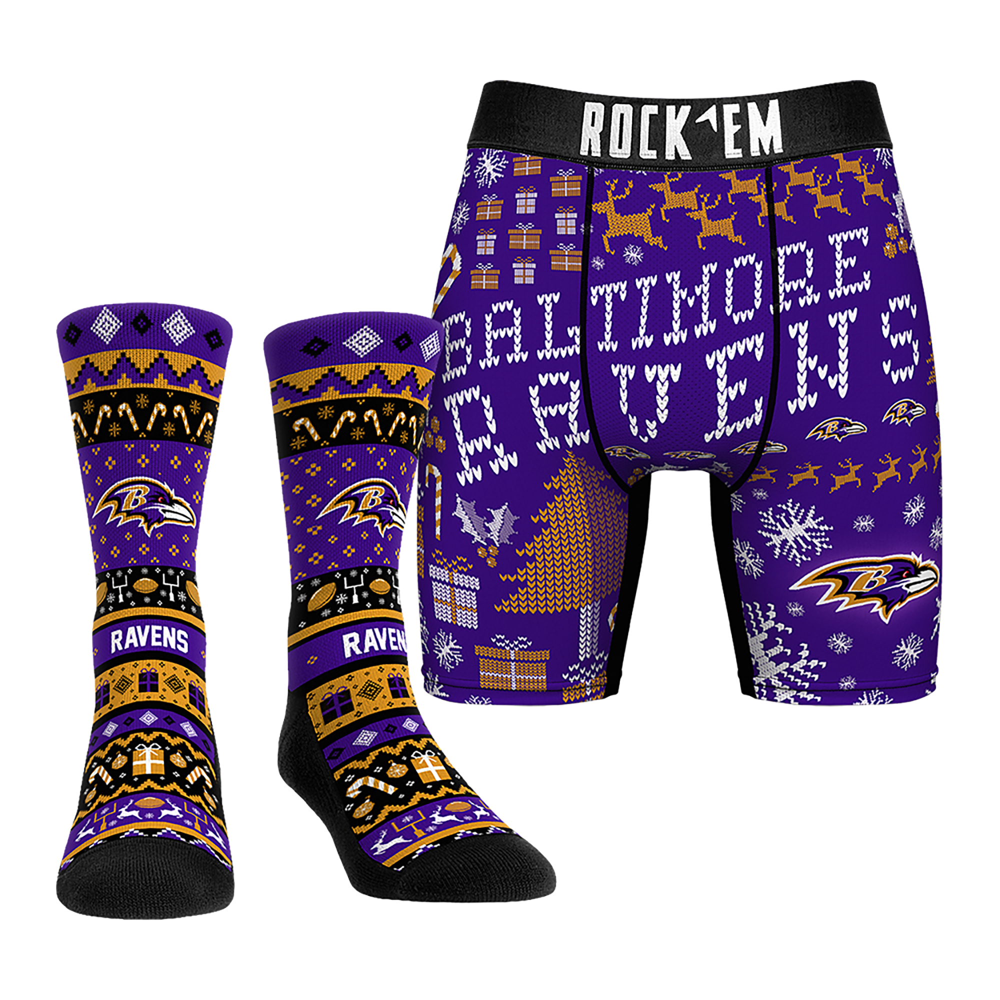 Men's Rock Em Socks Baltimore Ravens Holiday Tacky Sweater Underwear and Crew Socks Combo Pack
