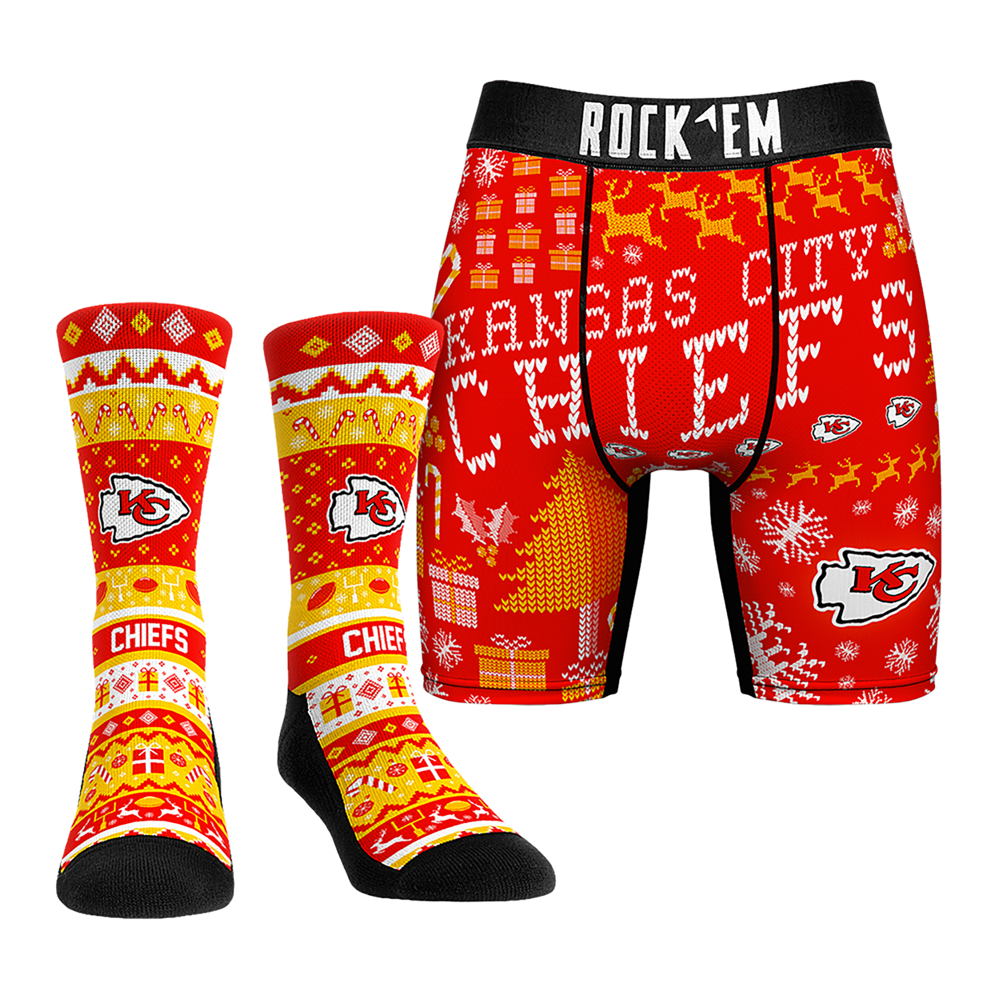 Men's Rock Em Socks Kansas City Chiefs Holiday Tacky Sweater Underwear and Crew Socks Combo Pack