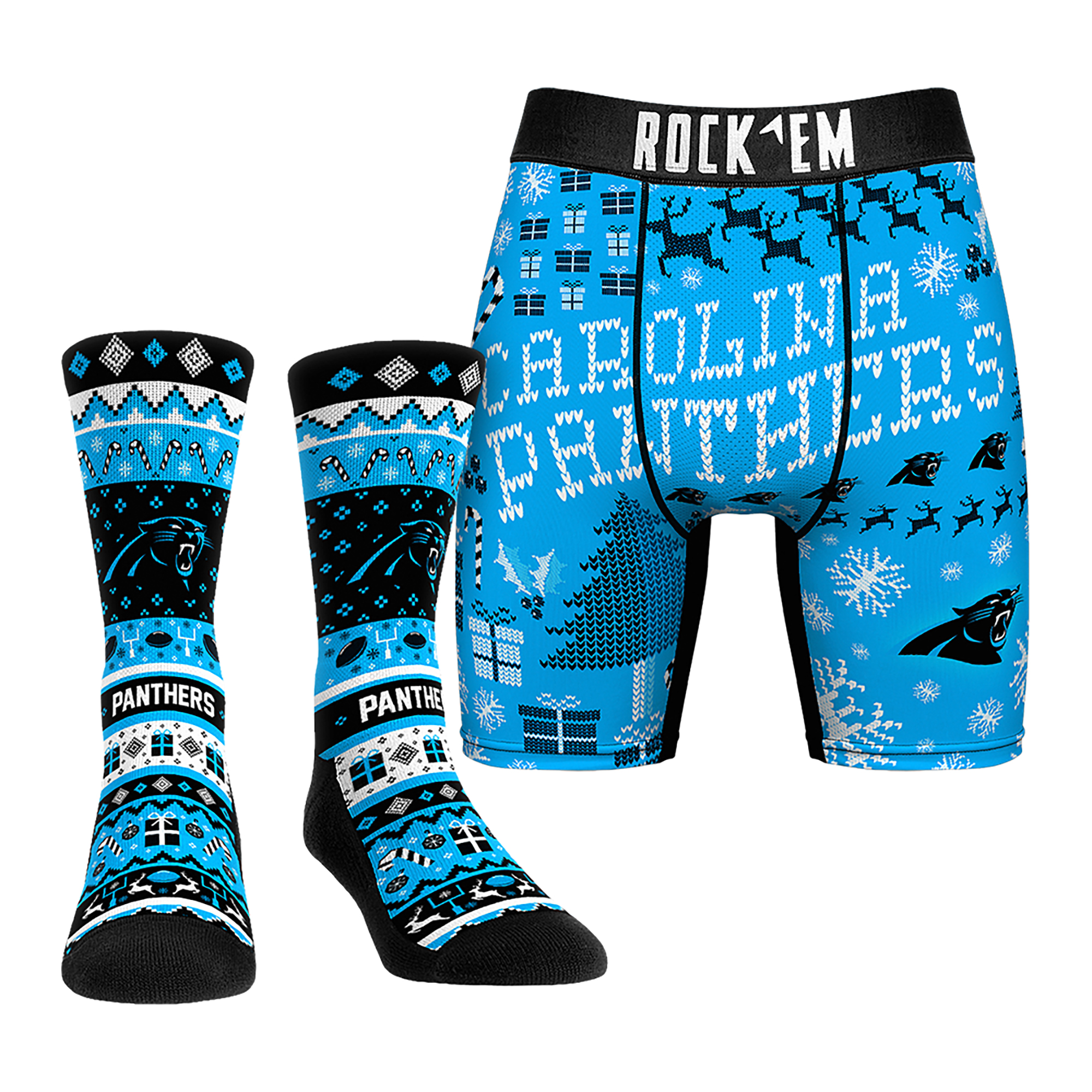 Men's Rock Em Socks Carolina Panthers Holiday Tacky Sweater Underwear and Crew Socks Combo Pack