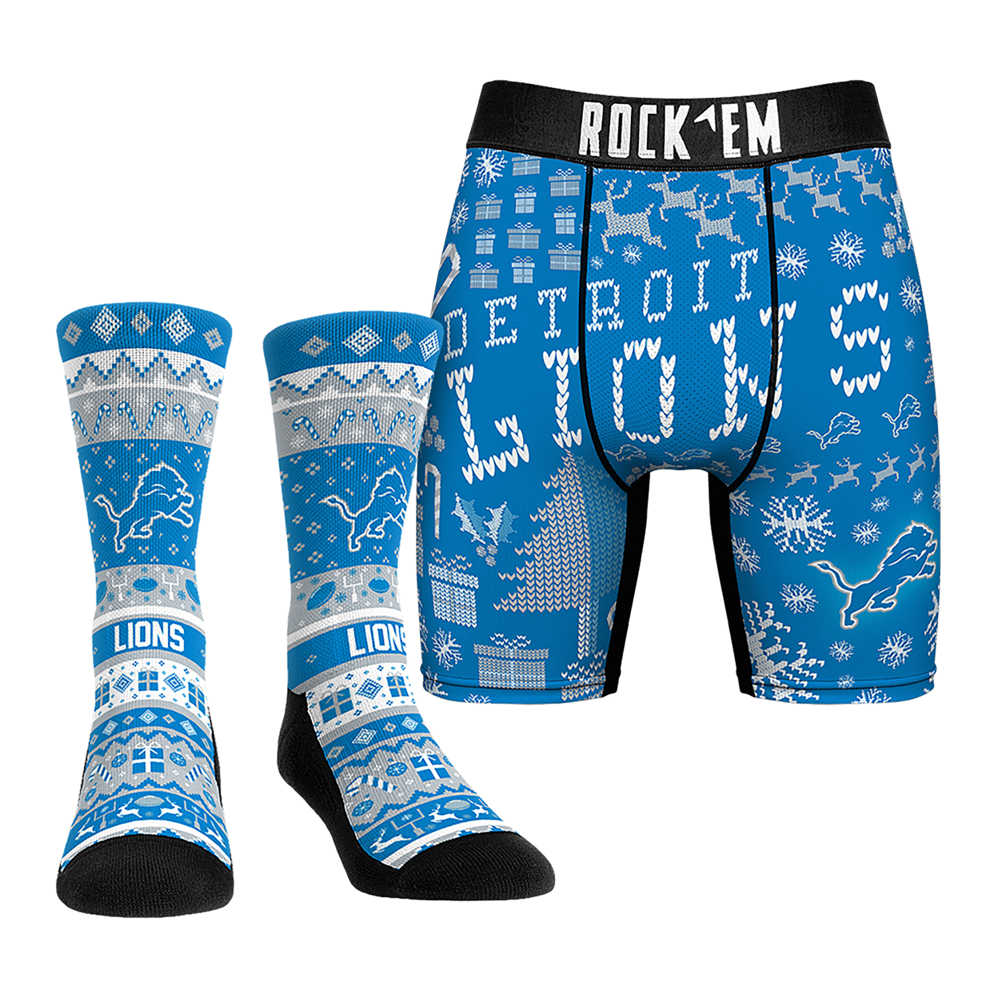 Men's Rock Em Socks Detroit Lions Holiday Tacky Sweater Underwear and Crew Socks Combo Pack