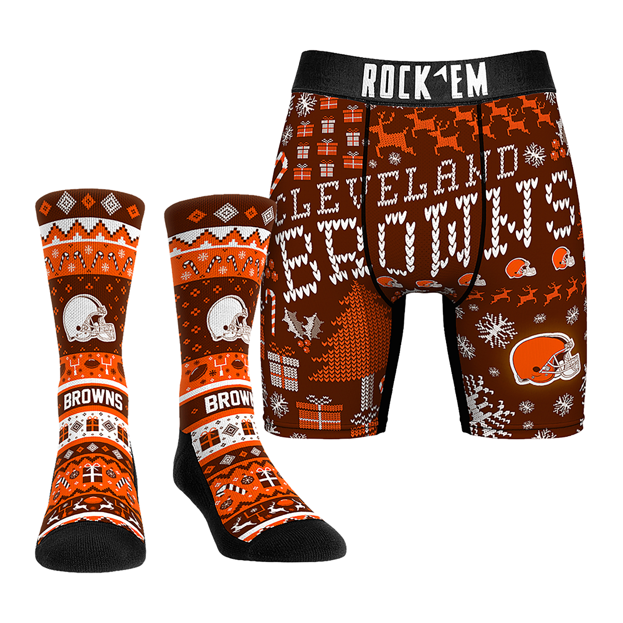 Men's Rock Em Socks Cleveland Browns Holiday Tacky Sweater Underwear and Crew Socks Combo Pack
