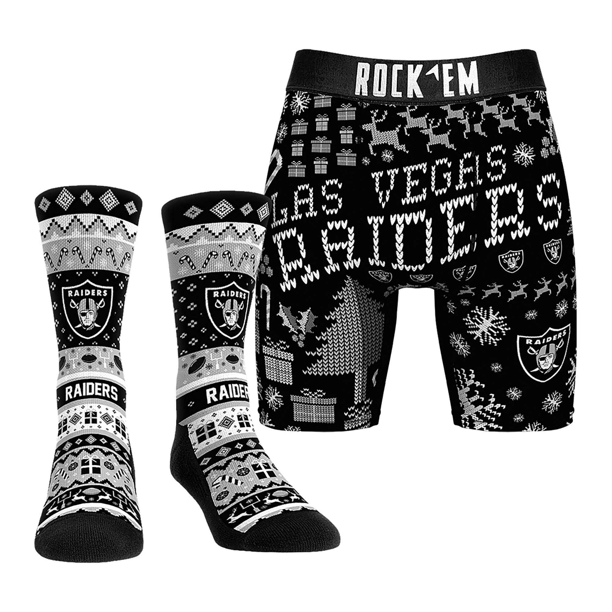 Men's Rock Em Socks Las Vegas Raiders Holiday Tacky Sweater Underwear and Crew Socks Combo Pack