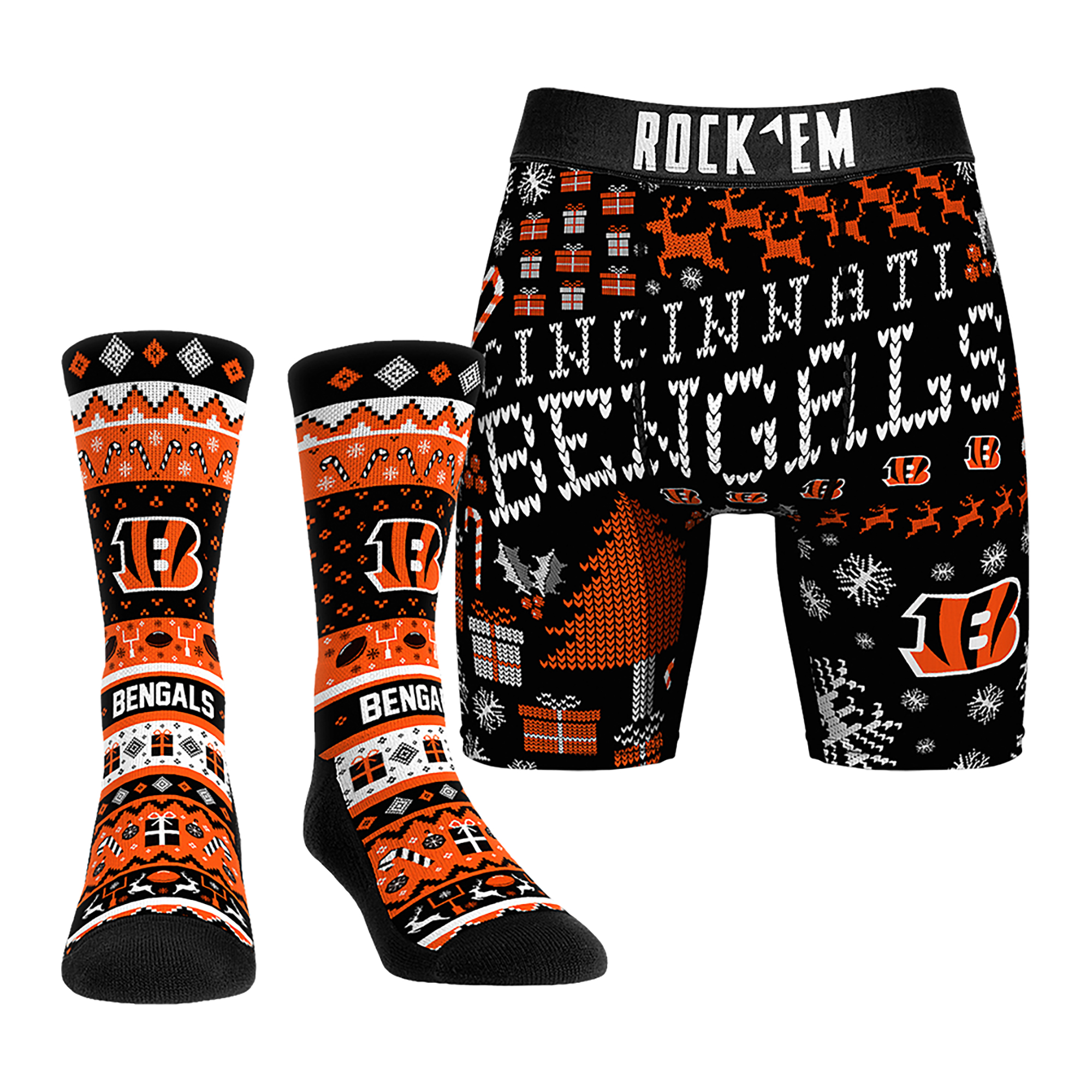 Men's Rock Em Socks Cincinnati Bengals Holiday Tacky Sweater Underwear and Crew Socks Combo Pack