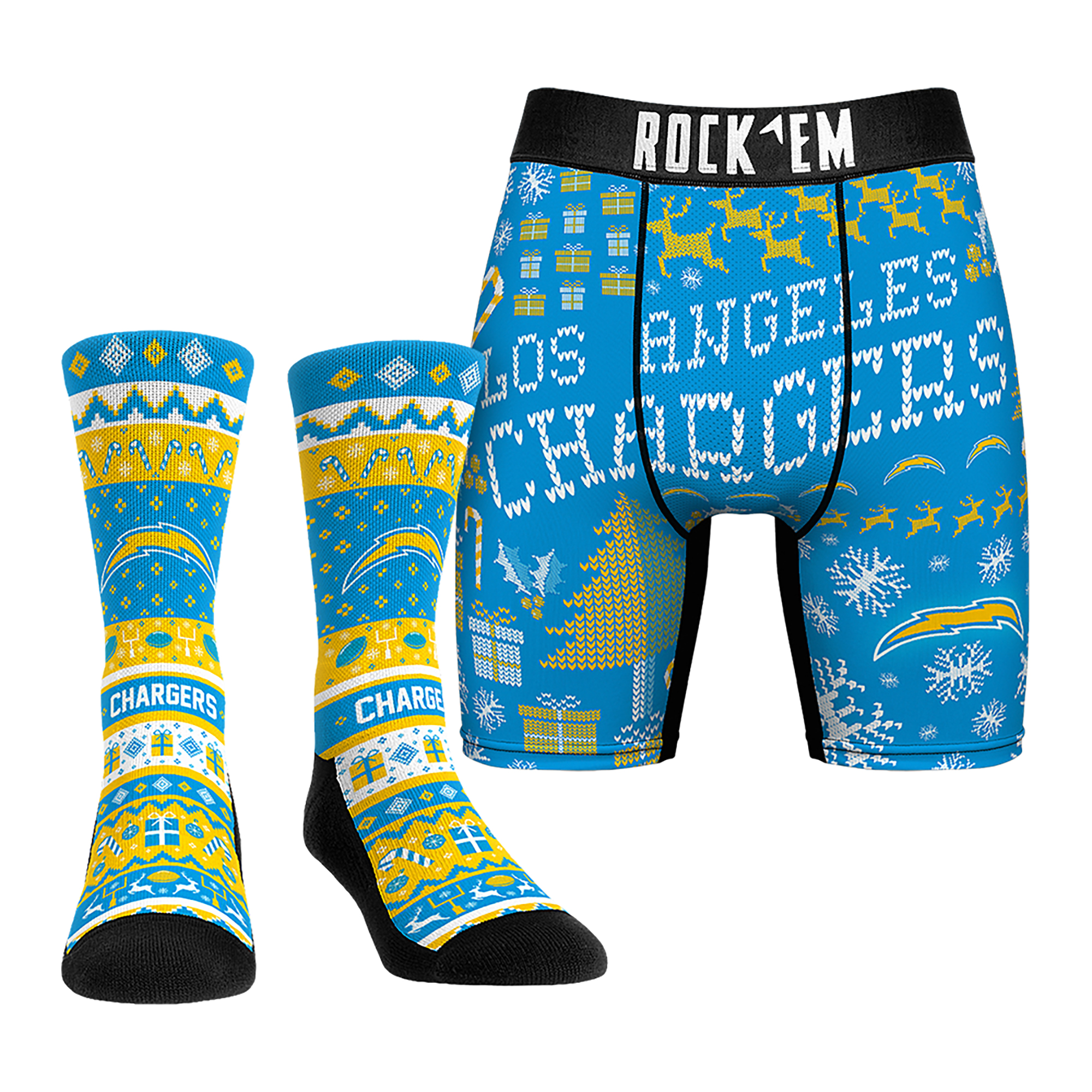 Men's Rock Em Socks Los Angeles Chargers Holiday Tacky Sweater Underwear and Crew Socks Combo Pack