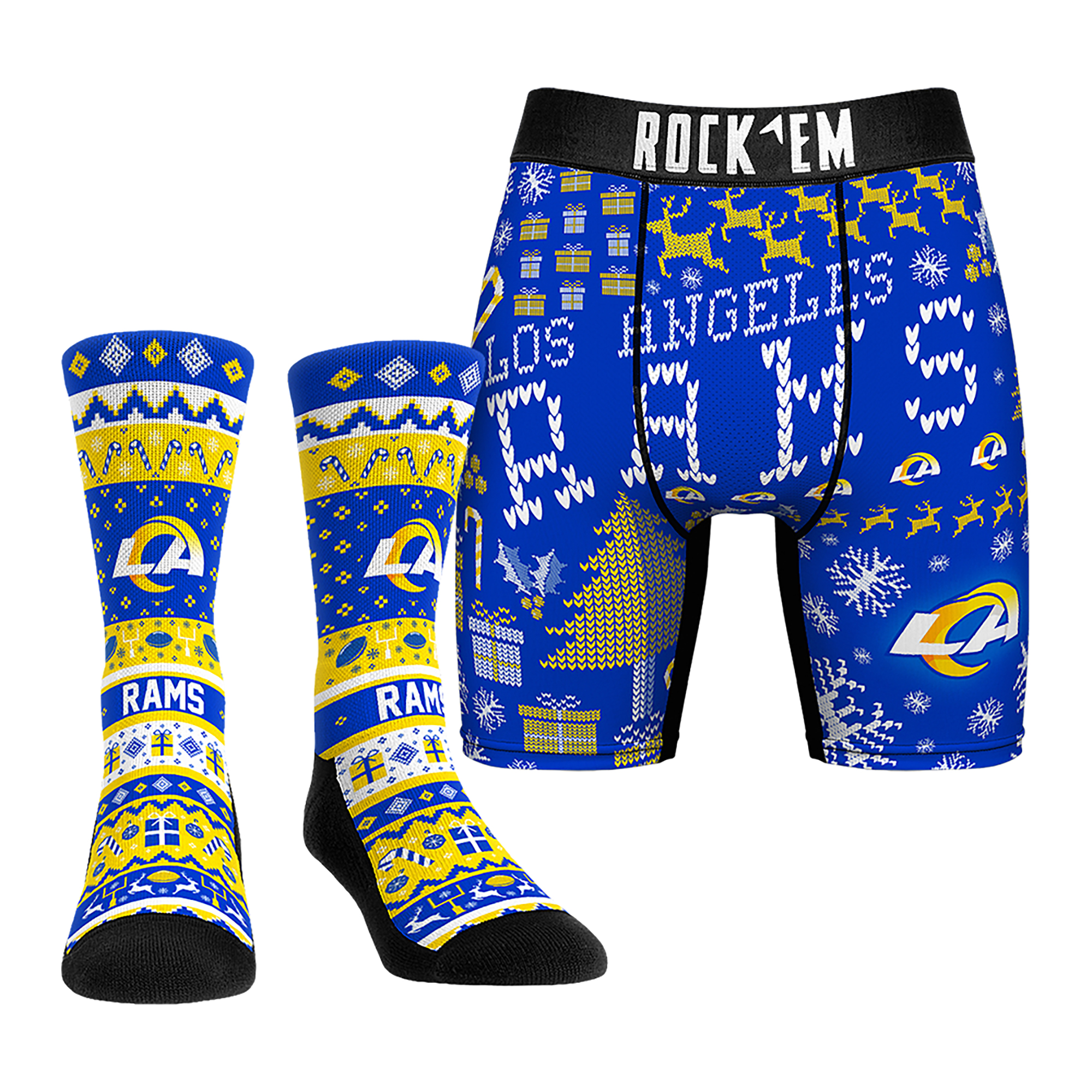 Men's Rock Em Socks Los Angeles Rams Holiday Tacky Sweater Underwear and Crew Socks Combo Pack