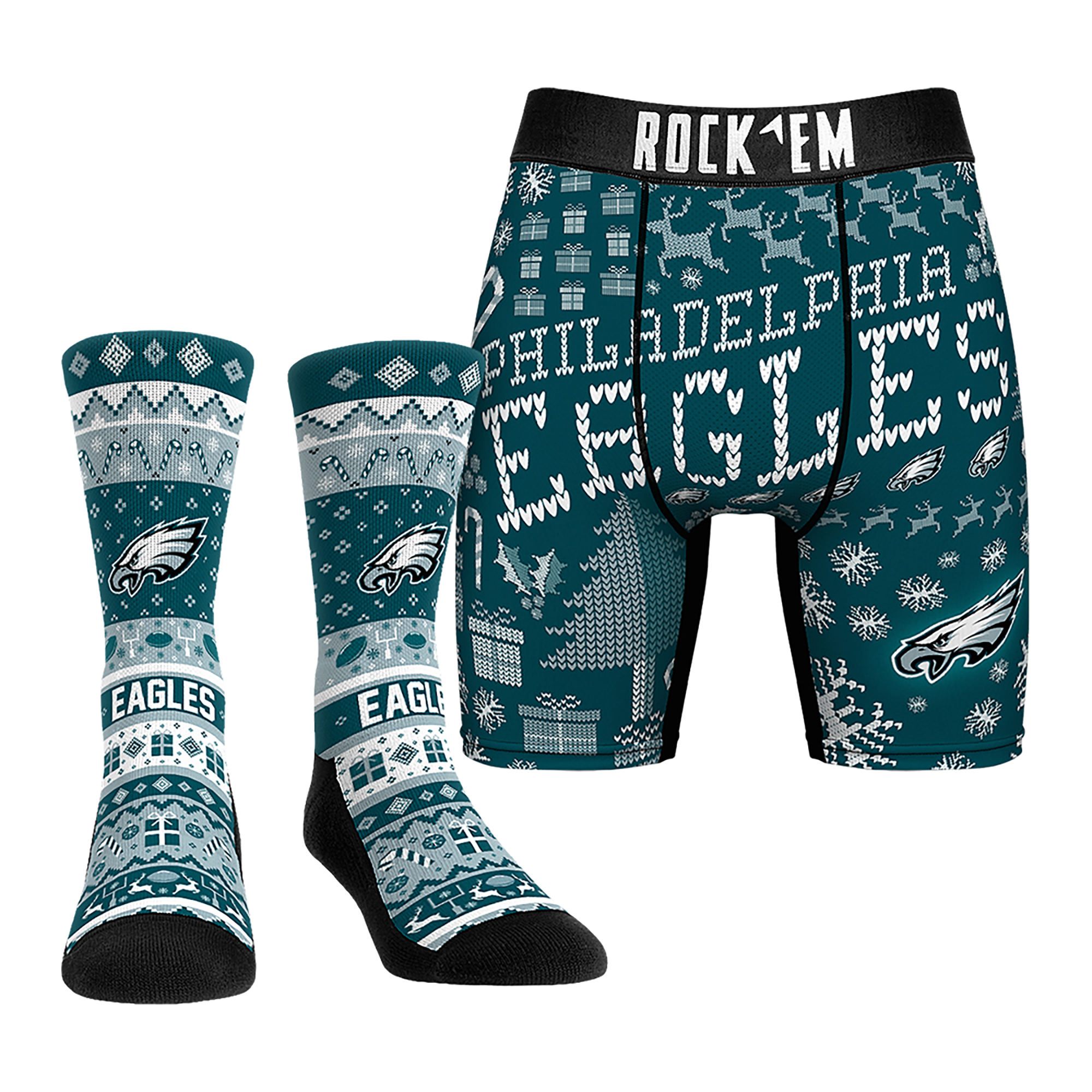 Men's Rock Em Socks Philadelphia Eagles Holiday Tacky Sweater Underwear and Crew Socks Combo Pack