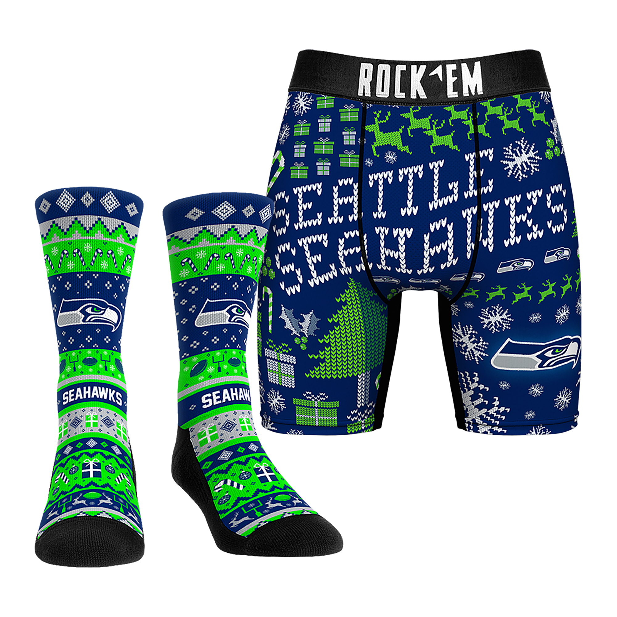 Men's Rock Em Socks Seattle Seahawks Holiday Tacky Sweater Underwear and Crew Socks Combo Pack
