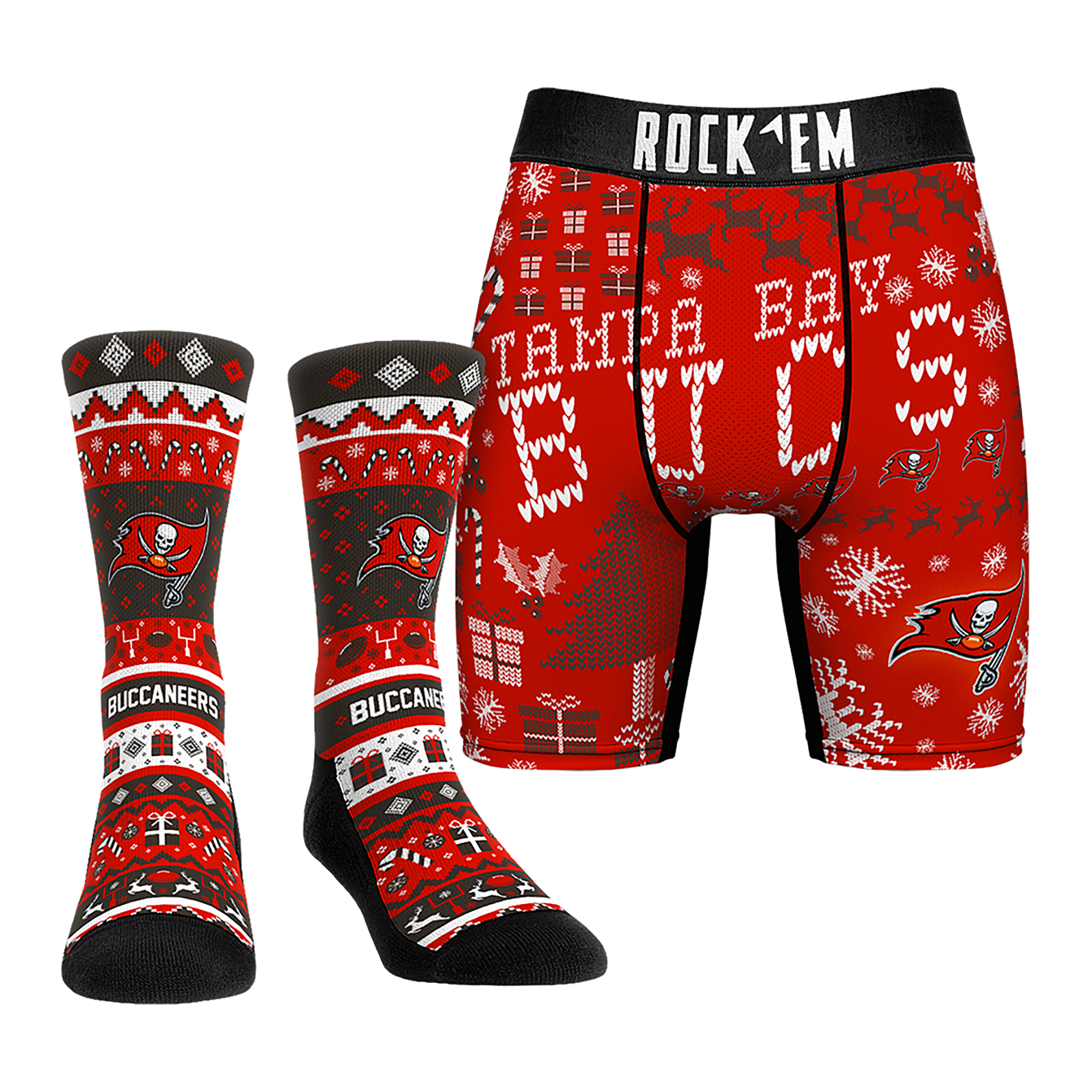 Men's Rock Em Socks Tampa Bay Buccaneers Holiday Tacky Sweater Underwear and Crew Socks Combo Pack