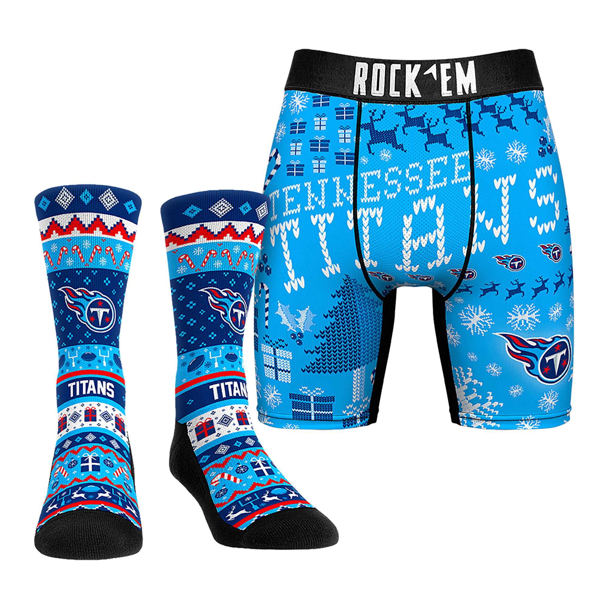 Men's Rock Em Socks Tennessee Titans Holiday Tacky Sweater Underwear and Crew Socks Combo Pack