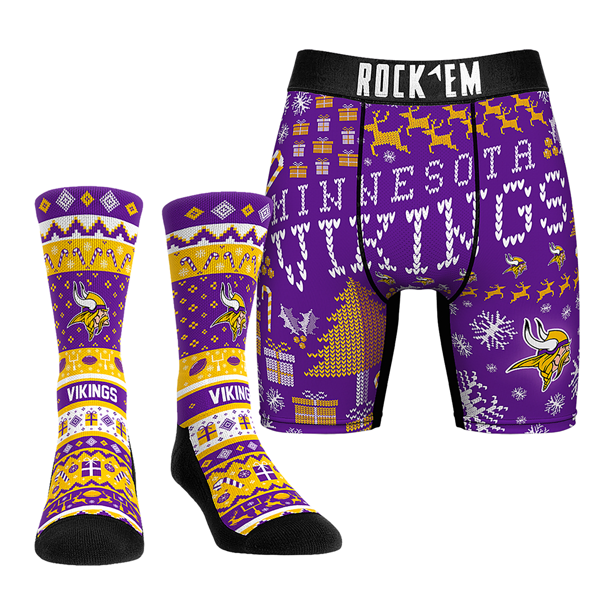 Men's Rock Em Socks Minnesota Vikings Holiday Tacky Sweater Underwear and Crew Socks Combo Pack