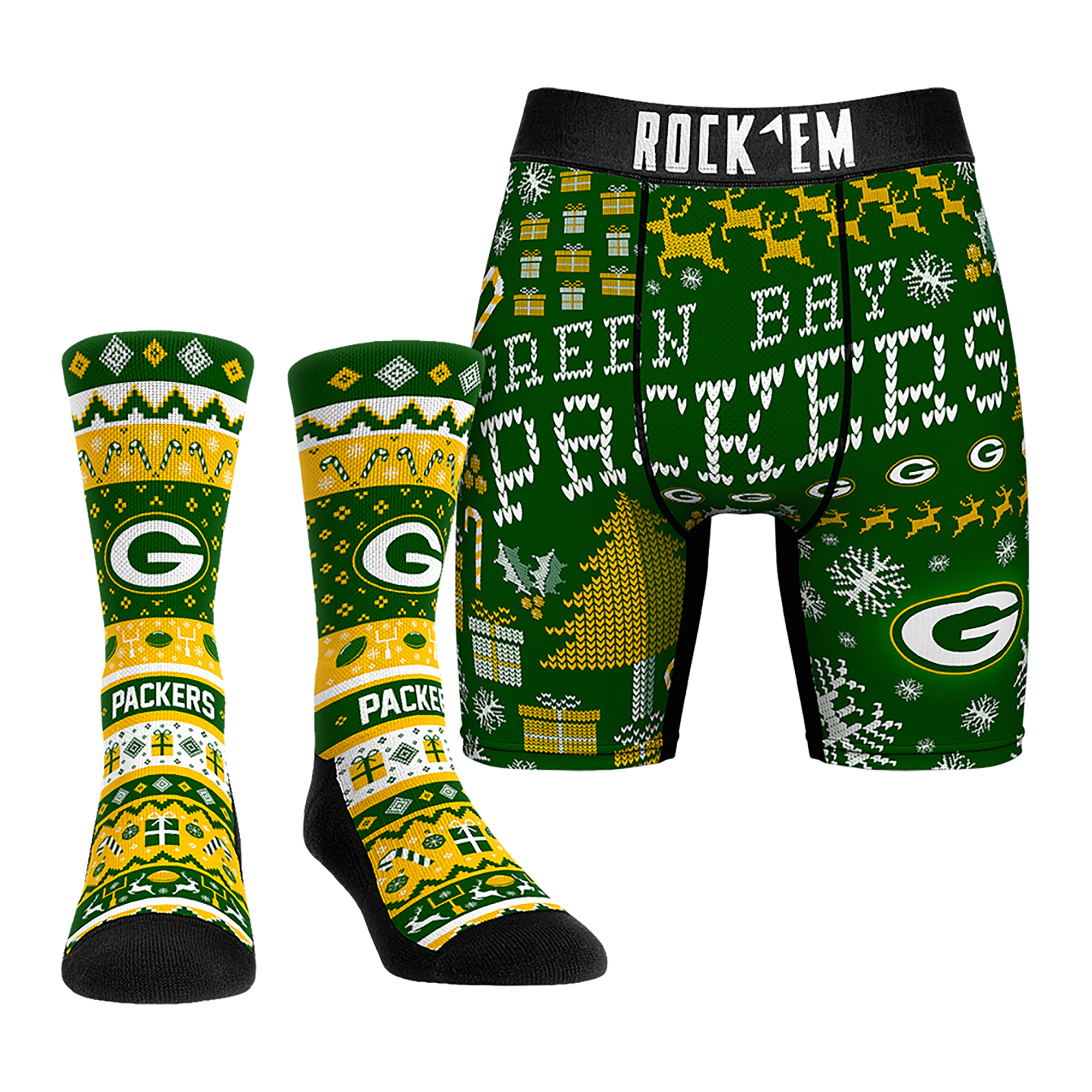 Men's Rock Em Socks Green Bay Packers Holiday Tacky Sweater Underwear and Crew Socks Combo Pack