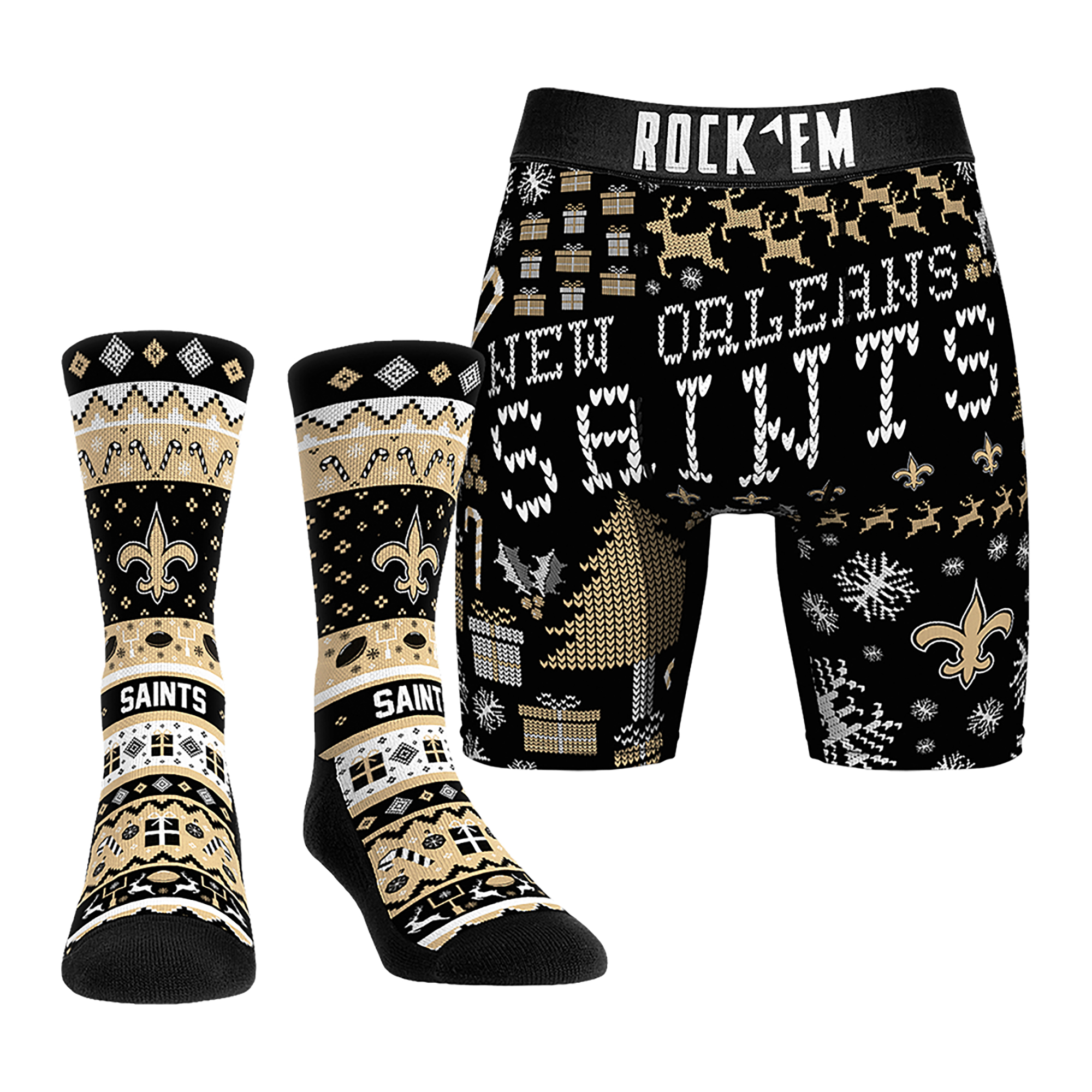 Men's Rock Em Socks New Orleans Saints Holiday Tacky Sweater Underwear and Crew Socks Combo Pack