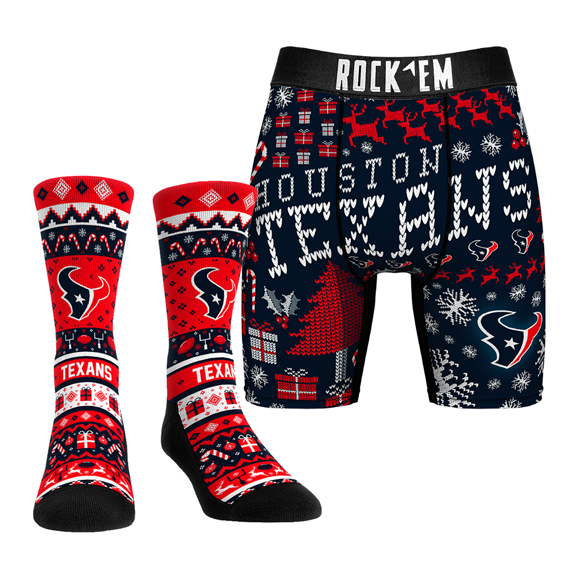 Men's Rock Em Socks Houston Texans Holiday Tacky Sweater Underwear and Crew Socks Combo Pack