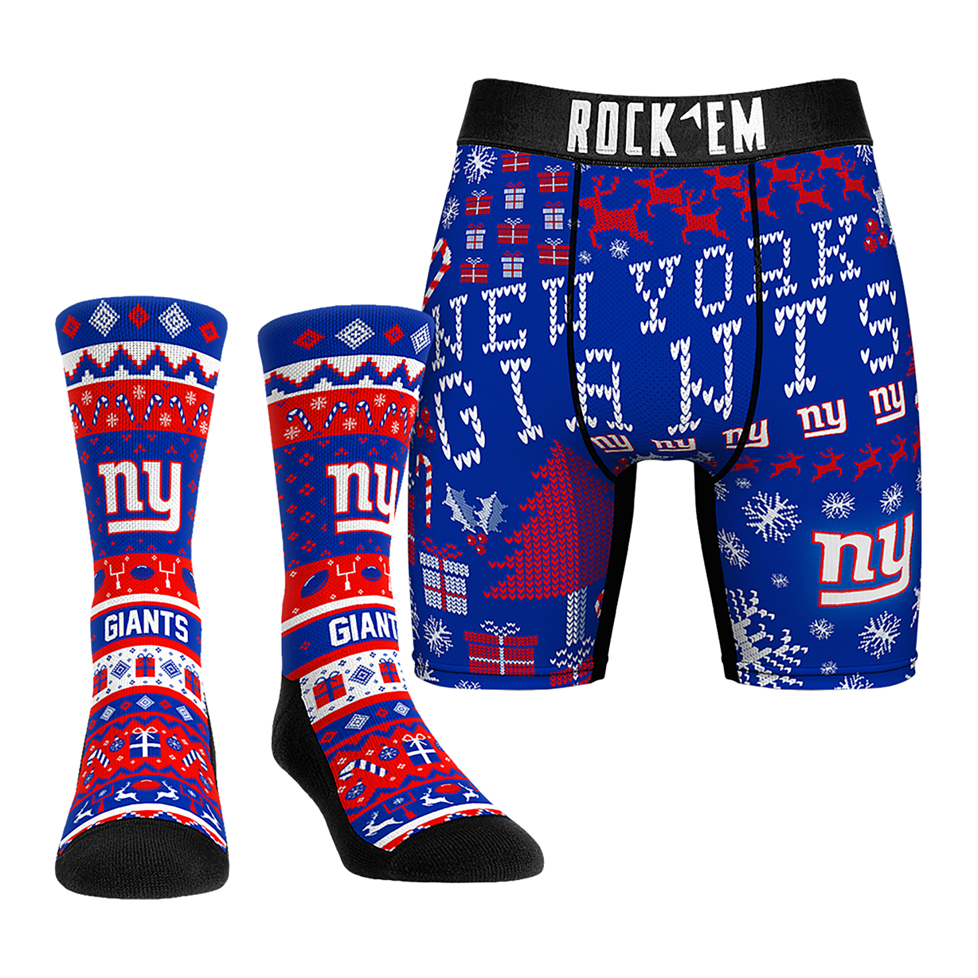 Men's Rock Em Socks New York Giants Holiday Tacky Sweater Underwear and Crew Socks Combo Pack