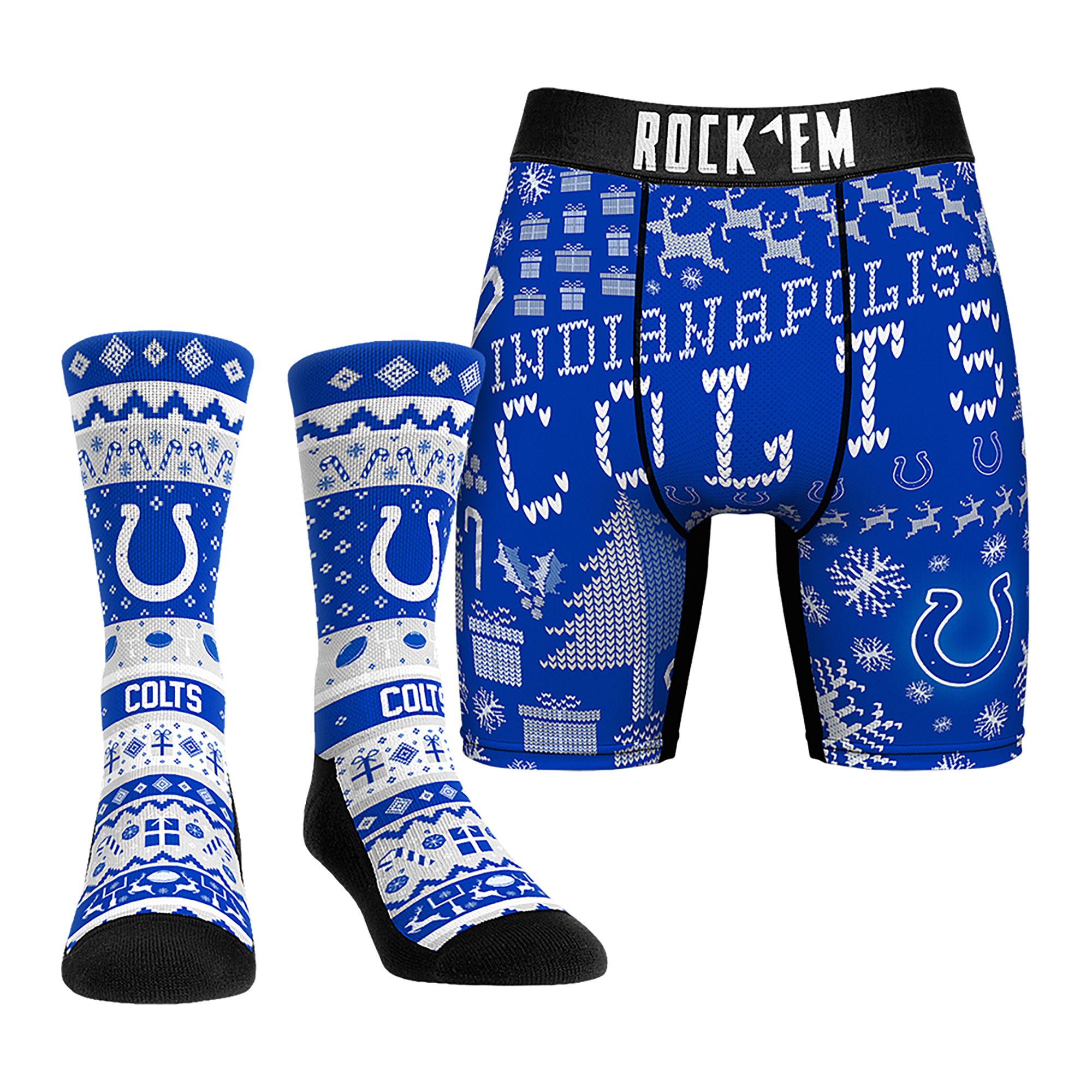 Men's Rock Em Socks Indianapolis Colts Holiday Tacky Sweater Underwear and Crew Socks Combo Pack