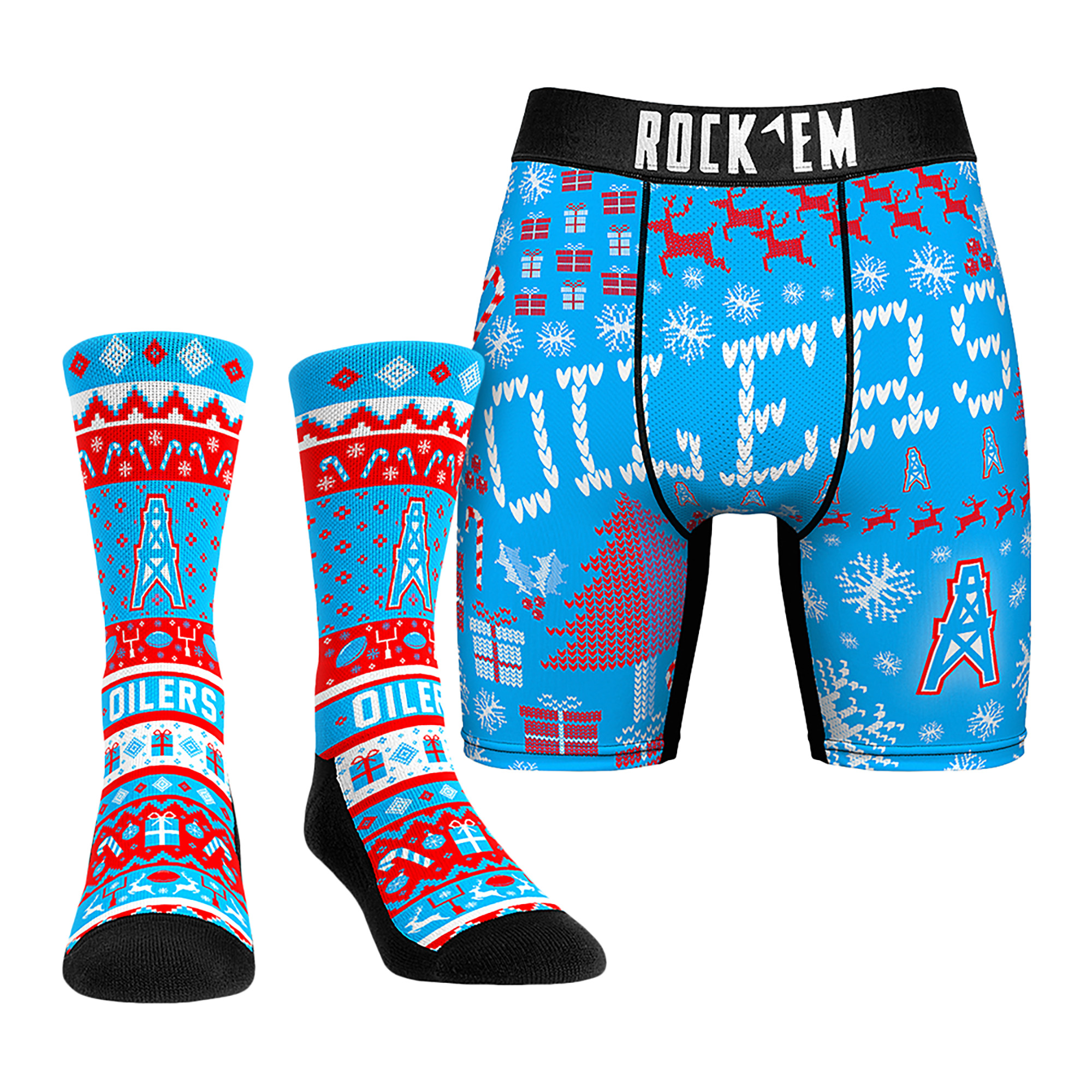 Men's Rock Em Socks Tennessee Titans Retro Throwback Holiday Tacky Sweater Underwear and Crew Socks Combo Pack