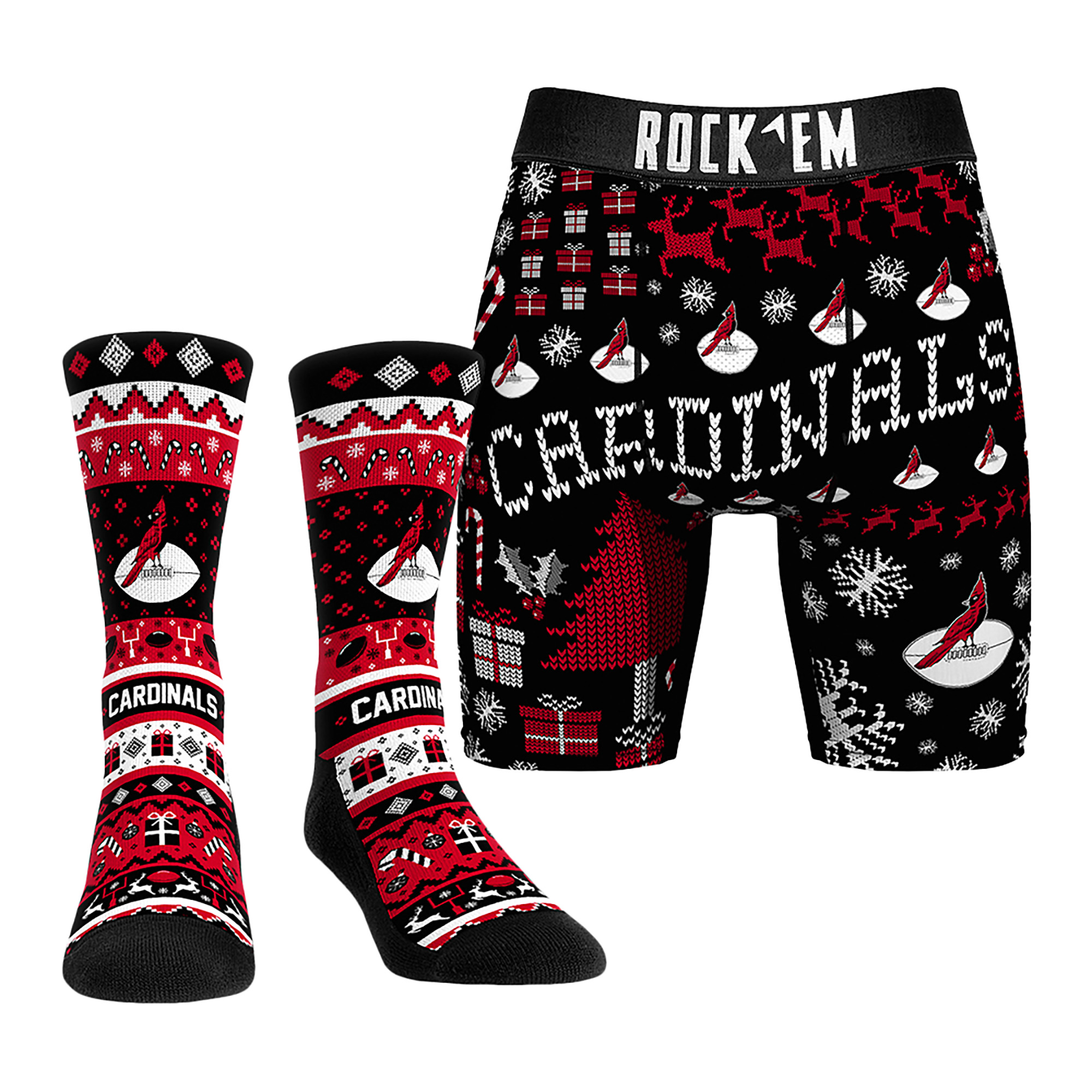 Men's Rock Em Socks Arizona Cardinals Retro Throwback Holiday Tacky Sweater Underwear and Crew Socks Combo Pack