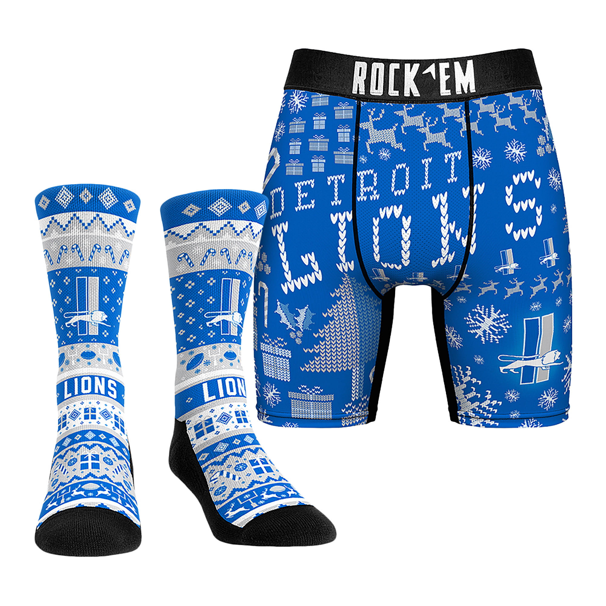 Men's Rock Em Socks Detroit Lions Retro Throwback Holiday Tacky Sweater Underwear and Crew Socks Combo Pack