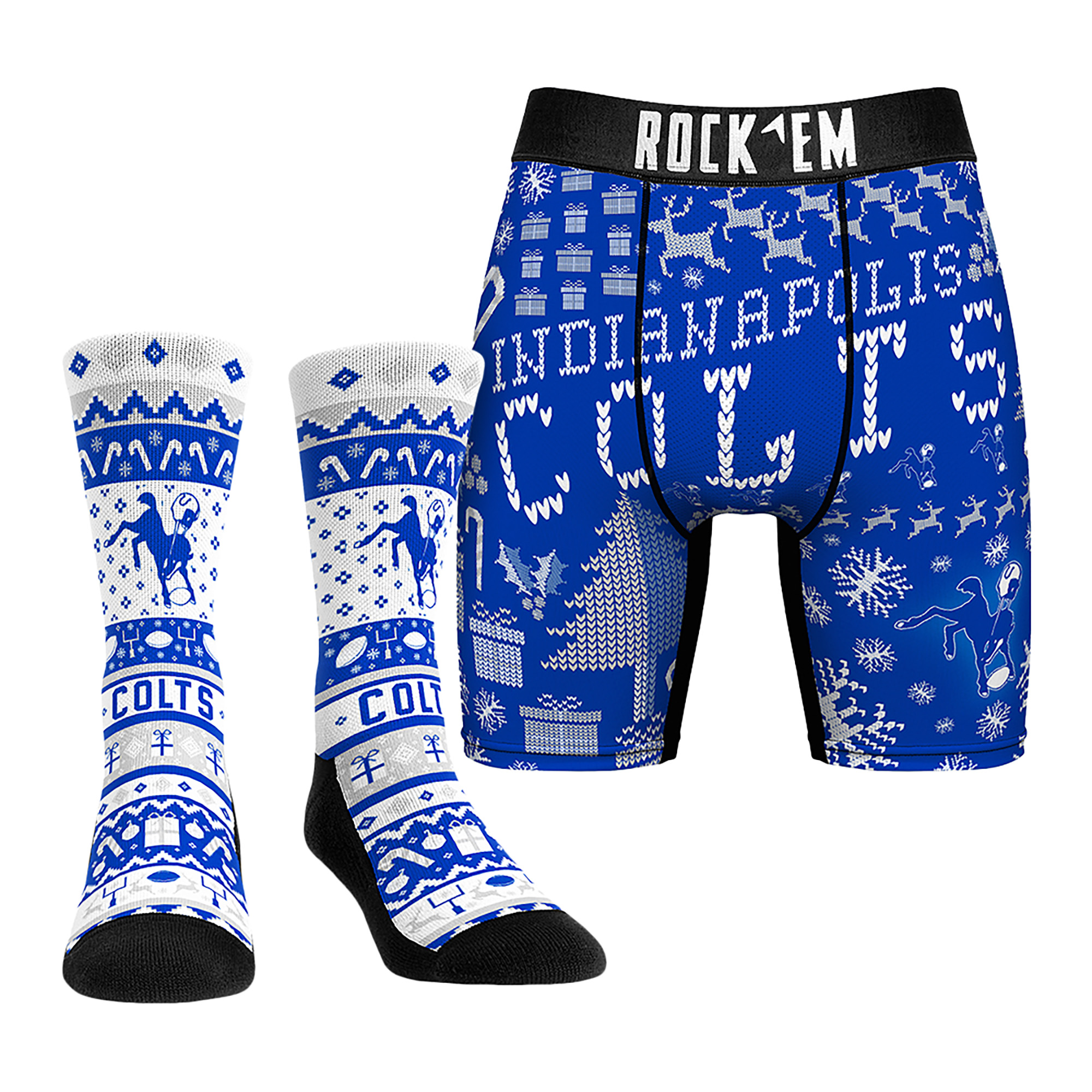 Men's Rock Em Socks Indianapolis Colts Retro Throwback Holiday Tacky Sweater Underwear and Crew Socks Combo Pack