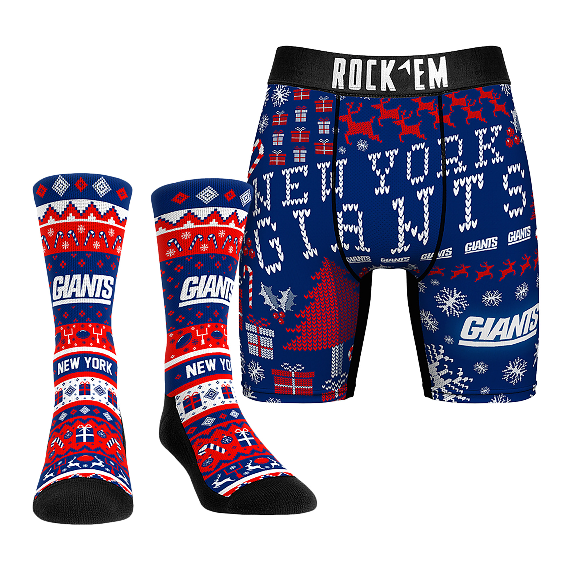 Men's Rock Em Socks New York Giants Retro Throwback Holiday Tacky Sweater Underwear and Crew Socks Combo Pack