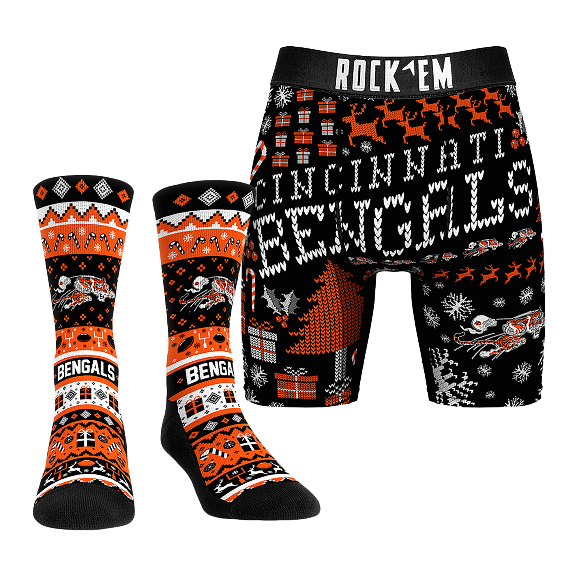 Men's Rock Em Socks Cincinnati Bengals Retro Throwback Holiday Tacky Sweater Underwear and Crew Socks Combo Pack