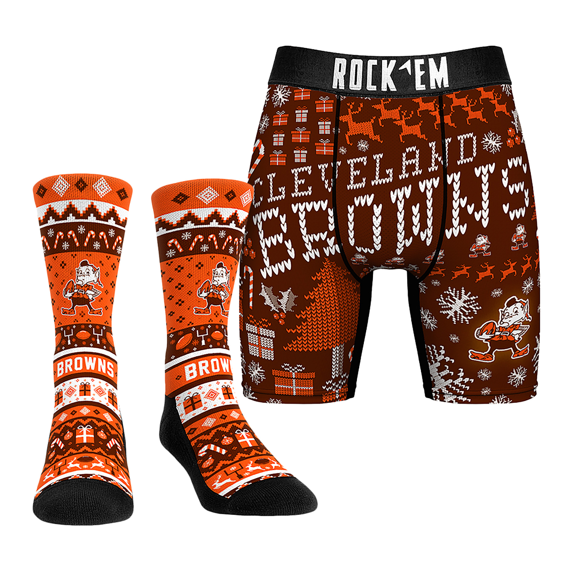 Men's Rock Em Socks Cleveland Browns Retro Throwback Holiday Tacky Sweater Underwear and Crew Socks Combo Pack