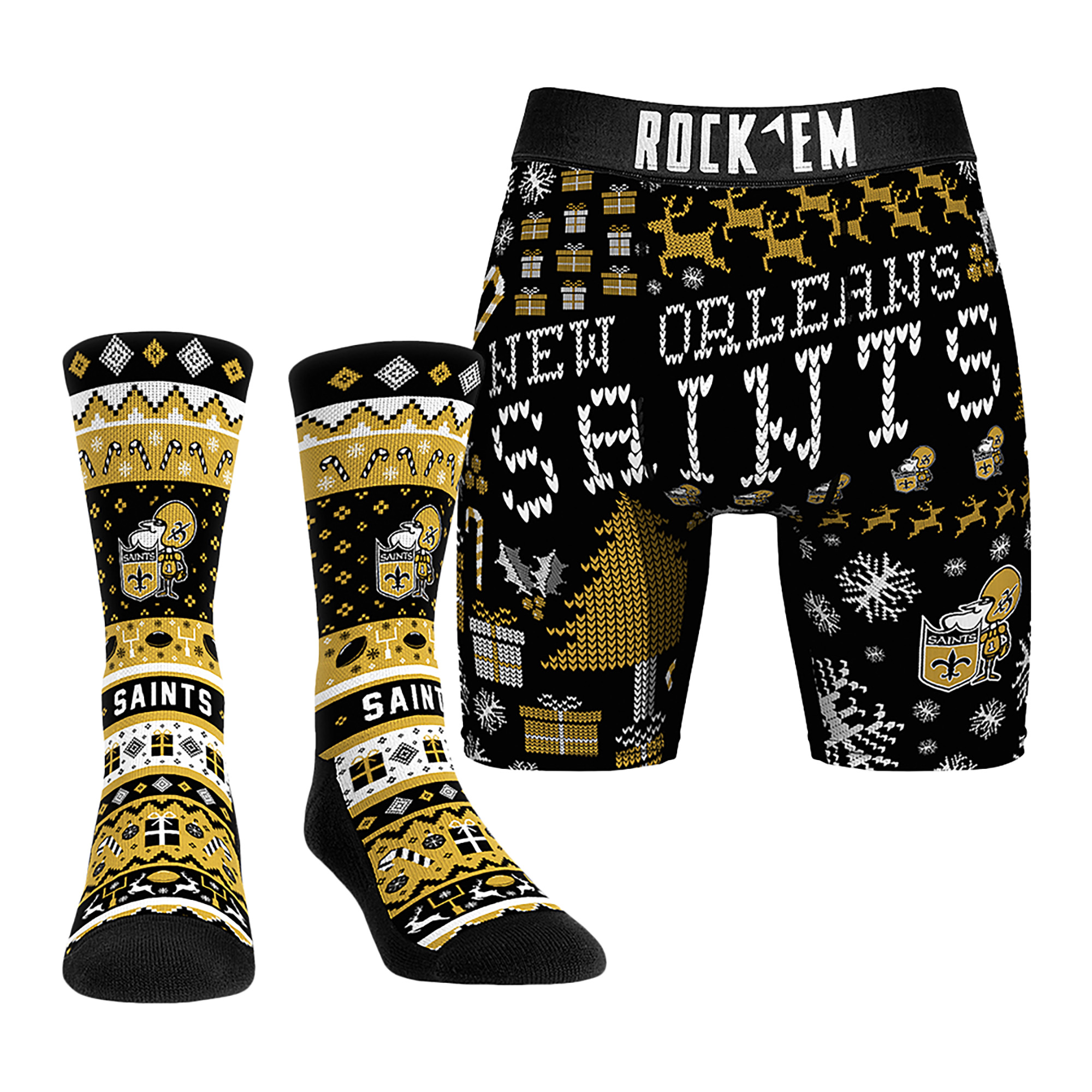 Men's Rock Em Socks New Orleans Saints Retro Throwback Holiday Tacky Sweater Underwear and Crew Socks Combo Pack