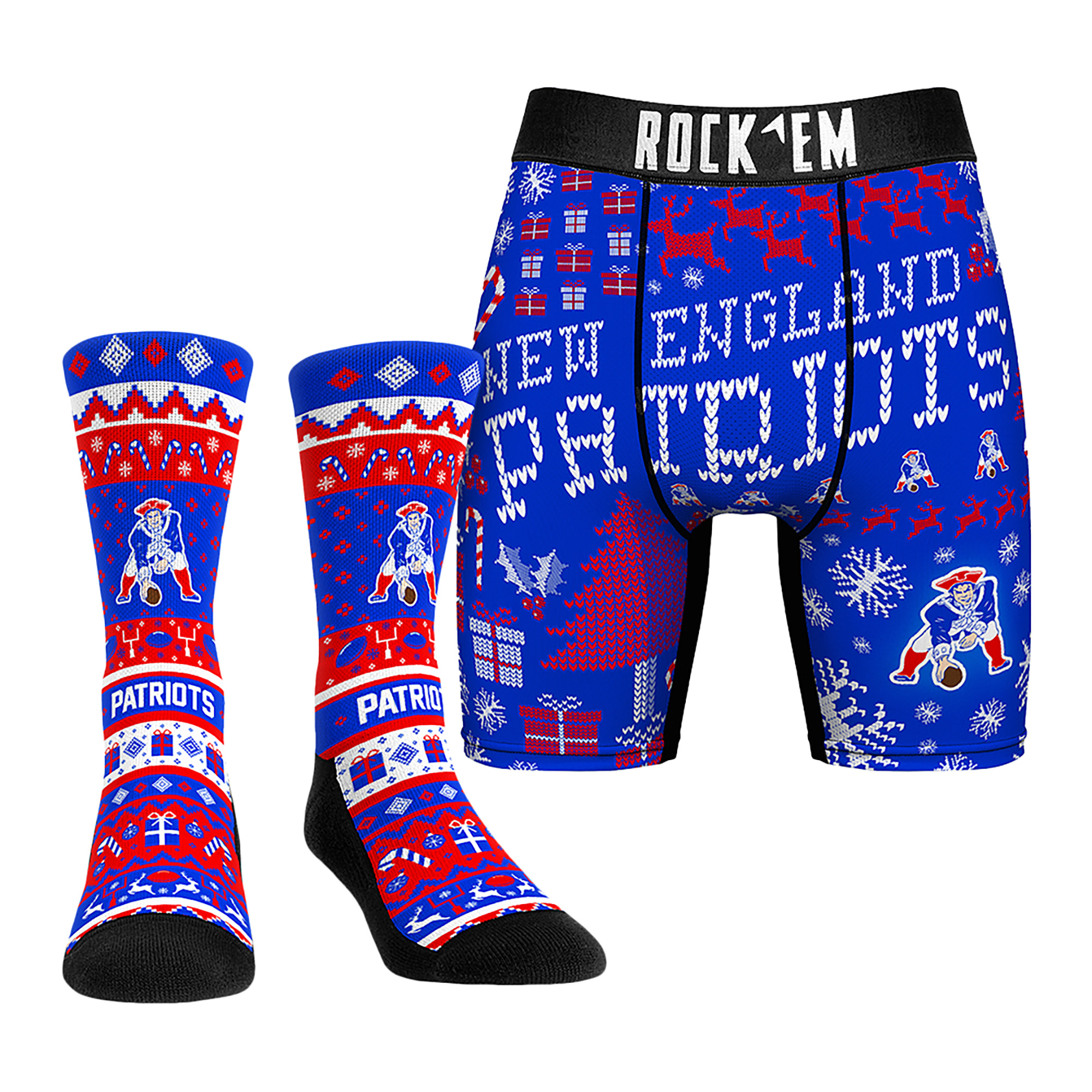 Men's Rock Em Socks New England Patriots Retro Throwback Holiday Tacky Sweater Underwear and Crew Socks Combo Pack