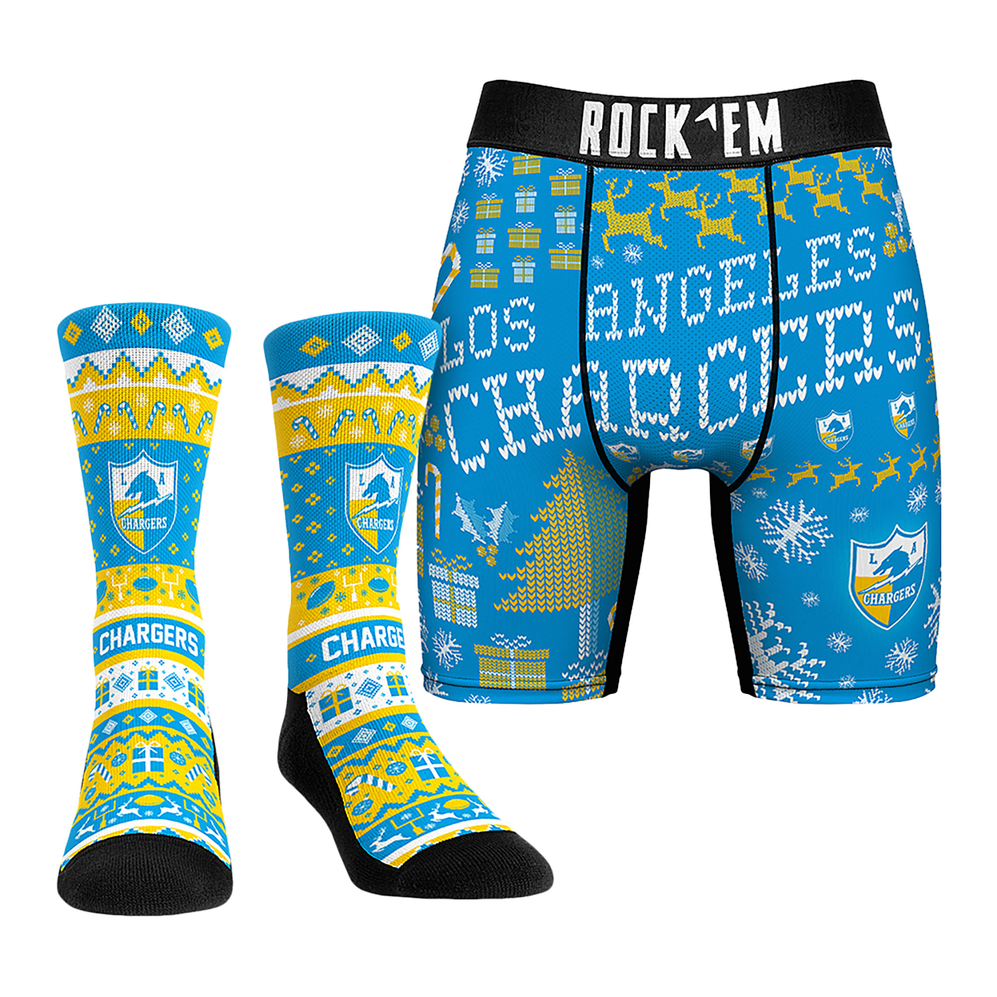 Men's Rock Em Socks Los Angeles Chargers Retro Throwback Holiday Tacky Sweater Underwear and Crew Socks Combo Pack
