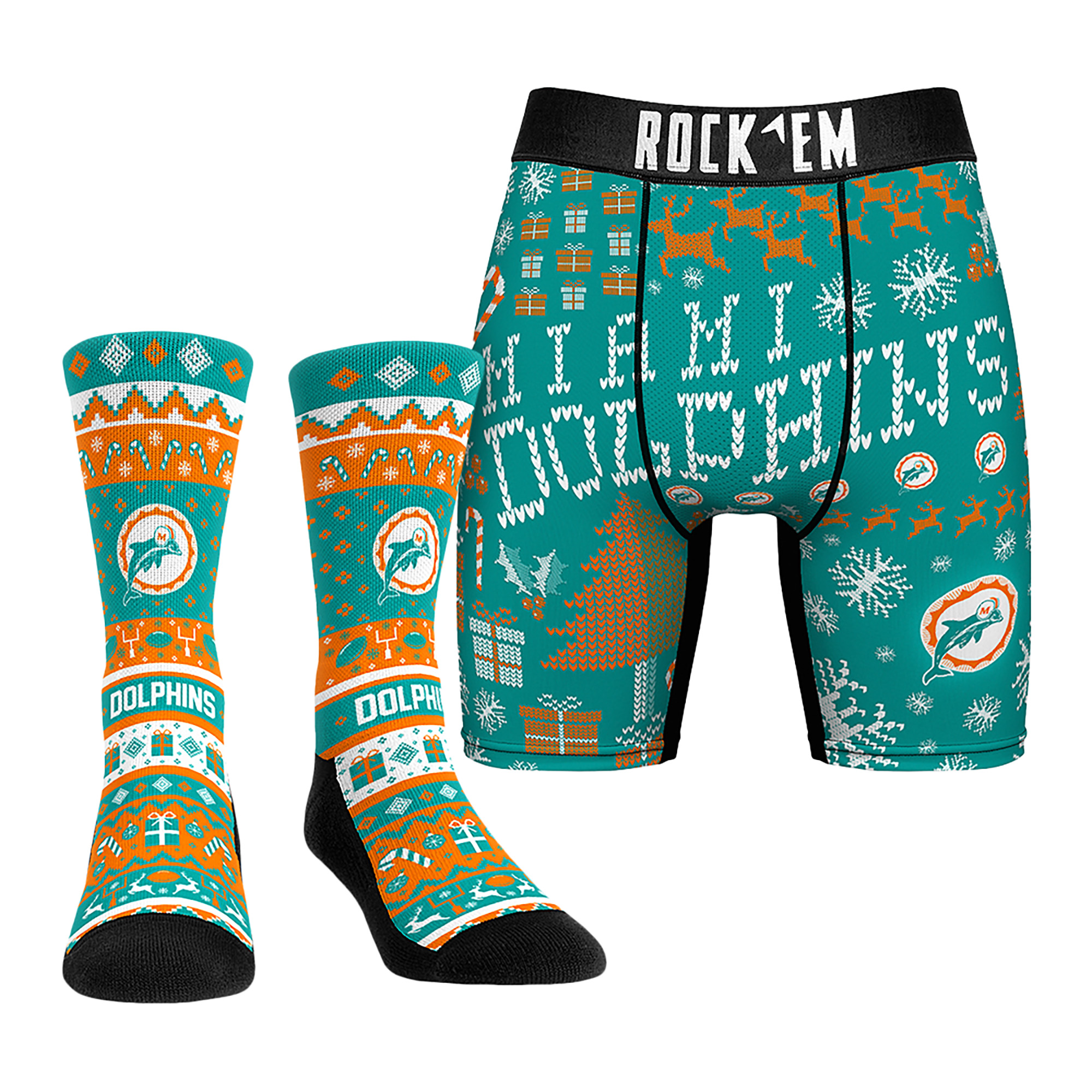 Men's Rock Em Socks Miami Dolphins Retro Throwback Holiday Tacky Sweater Underwear and Crew Socks Combo Pack