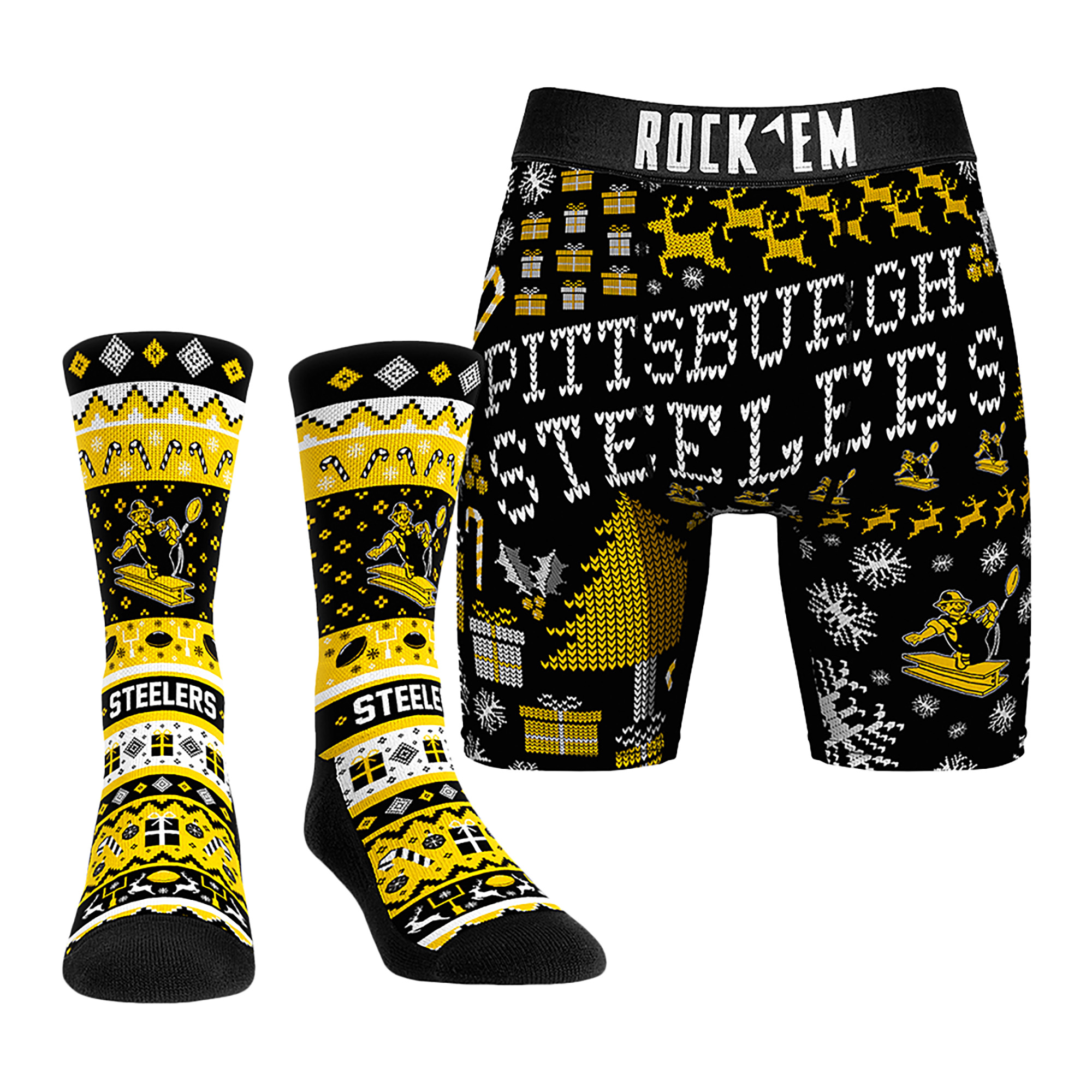 Men's Rock Em Socks Pittsburgh Steelers Retro Throwback Holiday Tacky Sweater Underwear and Crew Socks Combo Pack