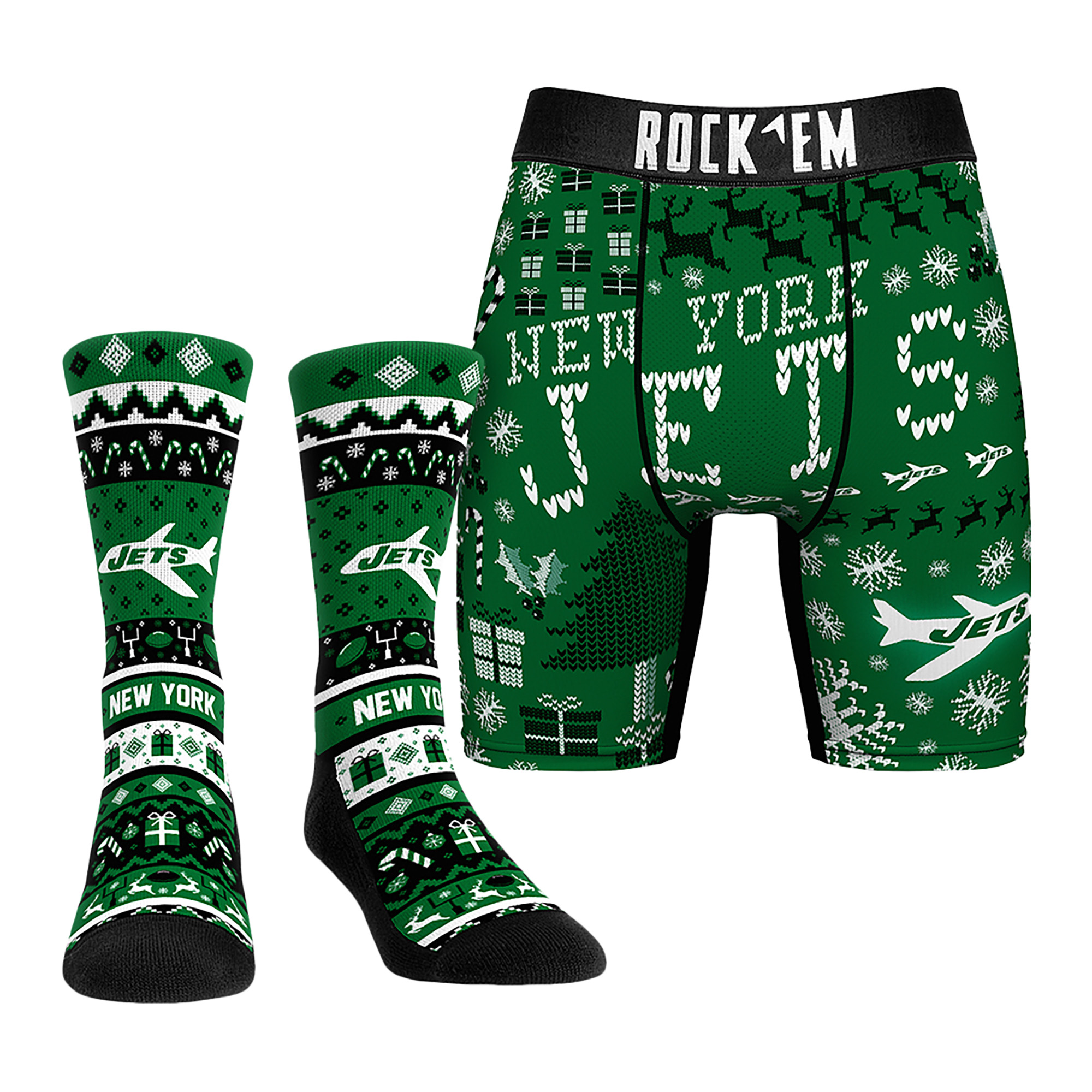 Men's Rock Em Socks New York Jets Retro Throwback Holiday Tacky Sweater Underwear and Crew Socks Combo Pack