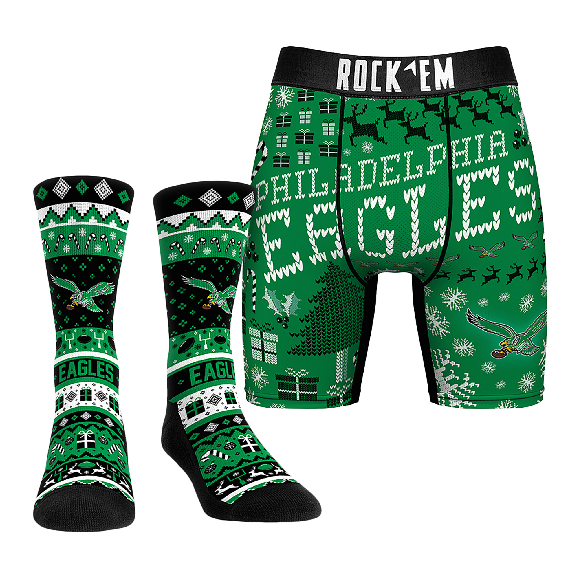 Men's Rock Em Socks Philadelphia Eagles Retro Throwback Holiday Tacky Sweater Underwear and Crew Socks Combo Pack