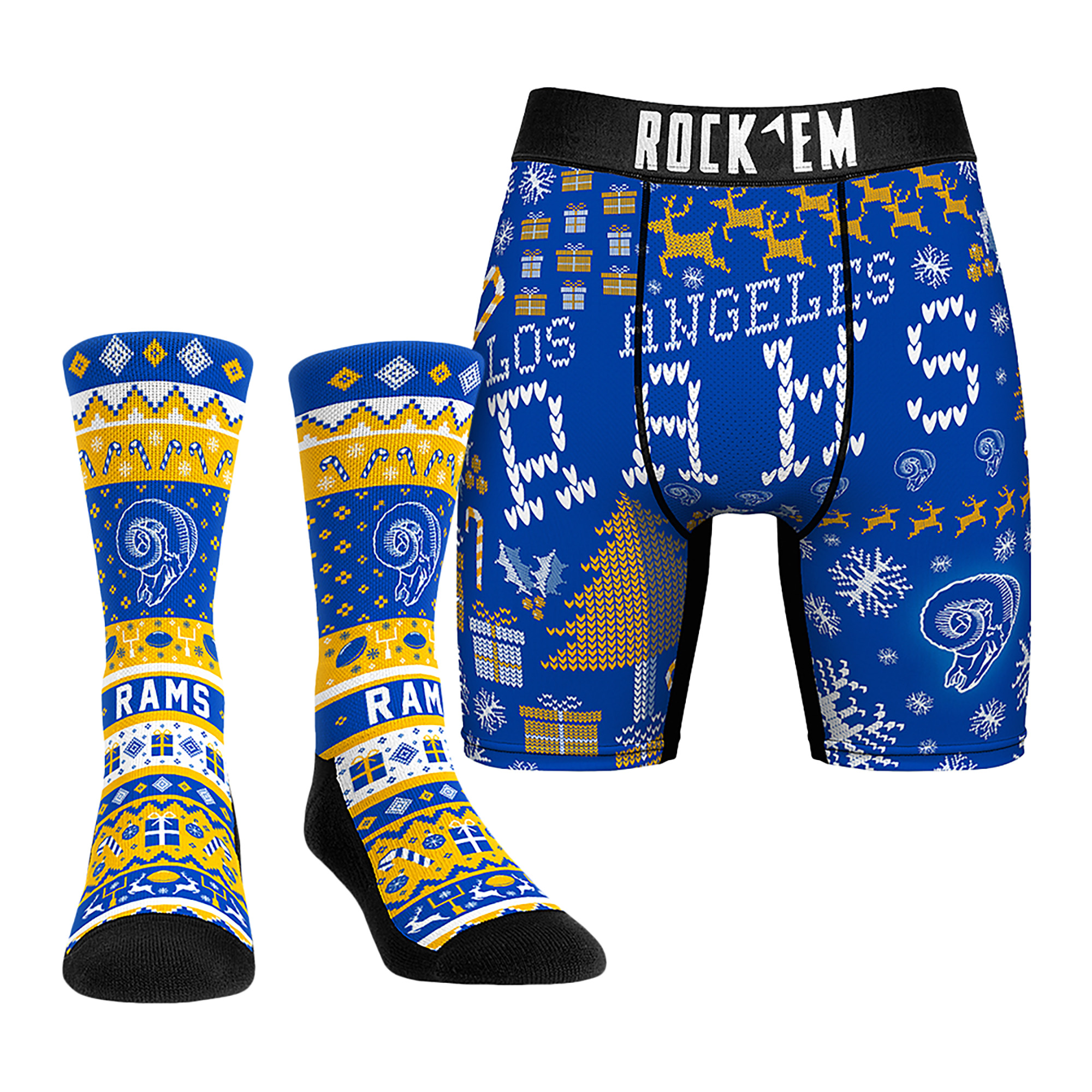 Men's Rock Em Socks Los Angeles Rams Retro Throwback Holiday Tacky Sweater Underwear and Crew Socks Combo Pack