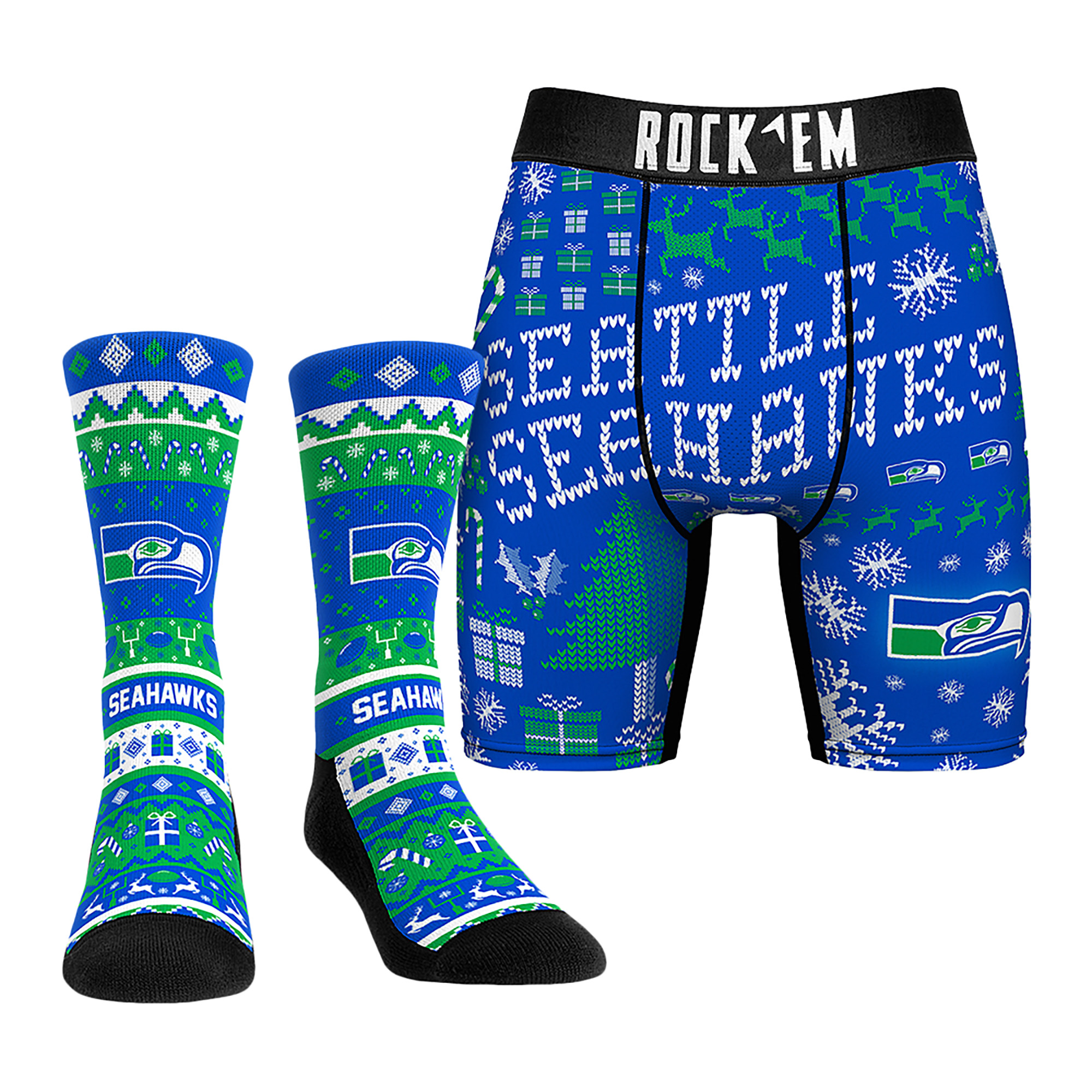 Men's Rock Em Socks Seattle Seahawks Retro Throwback Holiday Tacky Sweater Underwear and Crew Socks Combo Pack