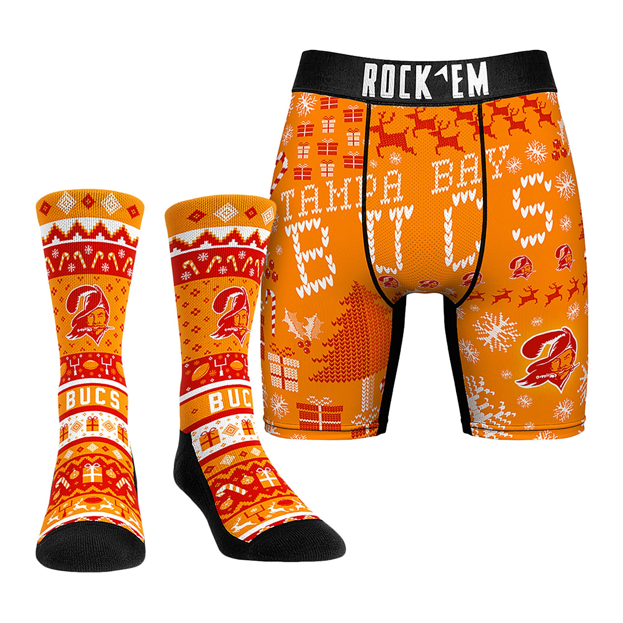 Men's Rock Em Socks Tampa Bay Buccaneers Retro Throwback Holiday Tacky Sweater Underwear and Crew Socks Combo Pack
