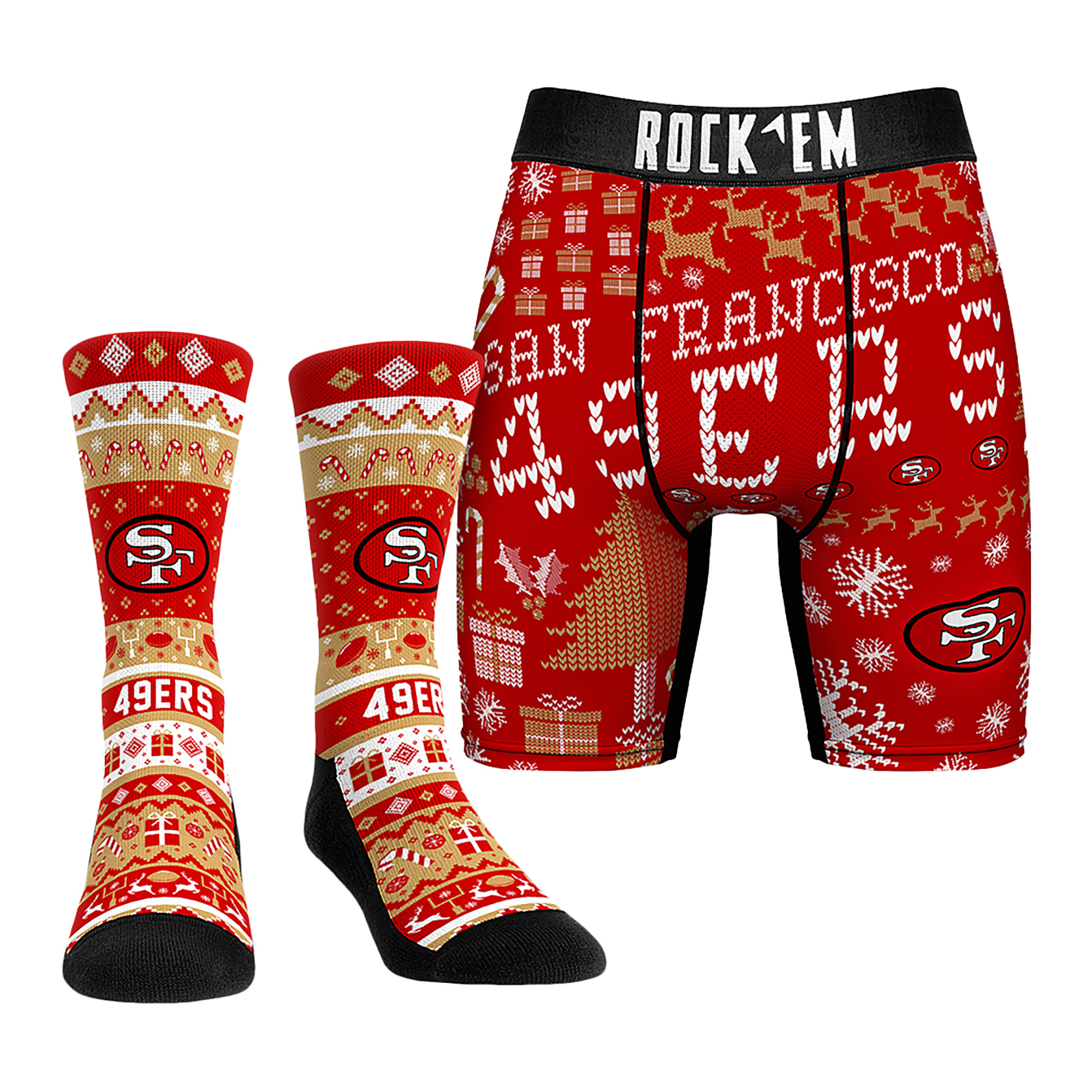 Men's Rock Em Socks San Francisco 49ers Retro Throwback Holiday Tacky Sweater Underwear and Crew Socks Combo Pack