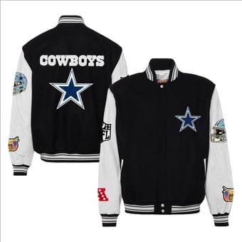 Men's Jeff Hamilton Black Dallas Cowboys Wool & Leather Full-Snap Varsity Jacket