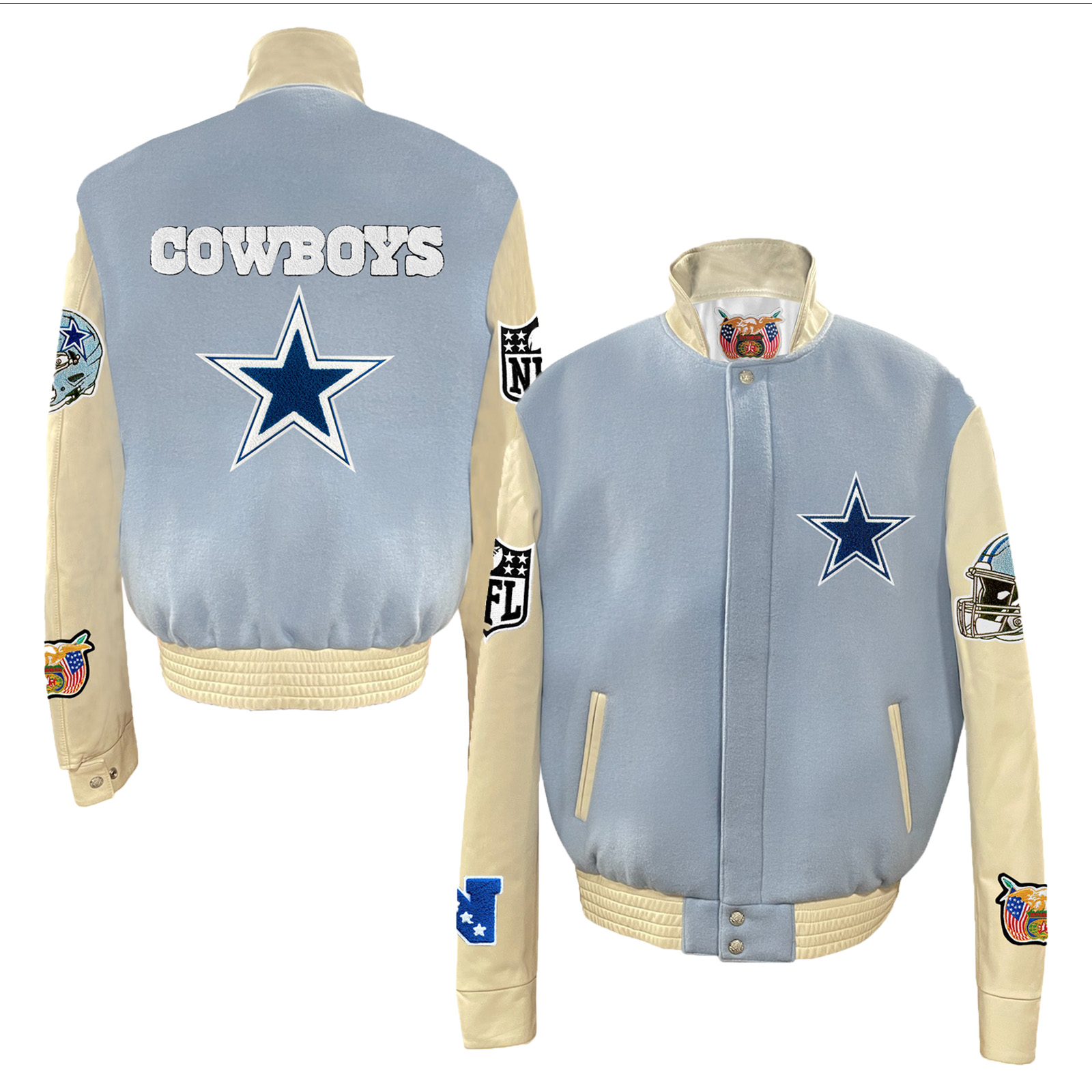 Men's Jeff Hamilton Light Blue Dallas Cowboys Wool & Leather Full-Snap Varsity Jacket