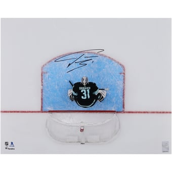 Philipp Grubauer Seattle Kraken Autographed 16" x 20" Navy Jersey Overhead Photograph