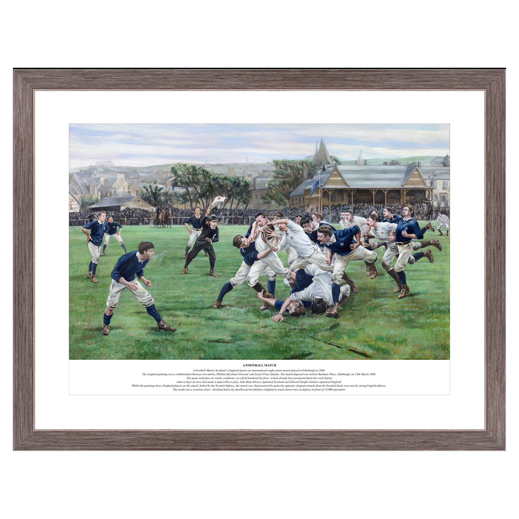 Stampa di una partita di calcio dell'Inghilterra di Rugby, montata e incorniciata, stampa da 45,7 x 30,5 cm in cornice in noce impiallacciato da 55,9 x 40,6 cm
