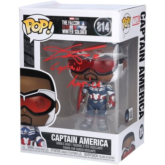 Anthony Mackie The Falcon and The Winter Soldier Autographed Captain America #814 Funko Pop! Figurine With "Captain America" Inscription - Signed in Red Paint - BAS