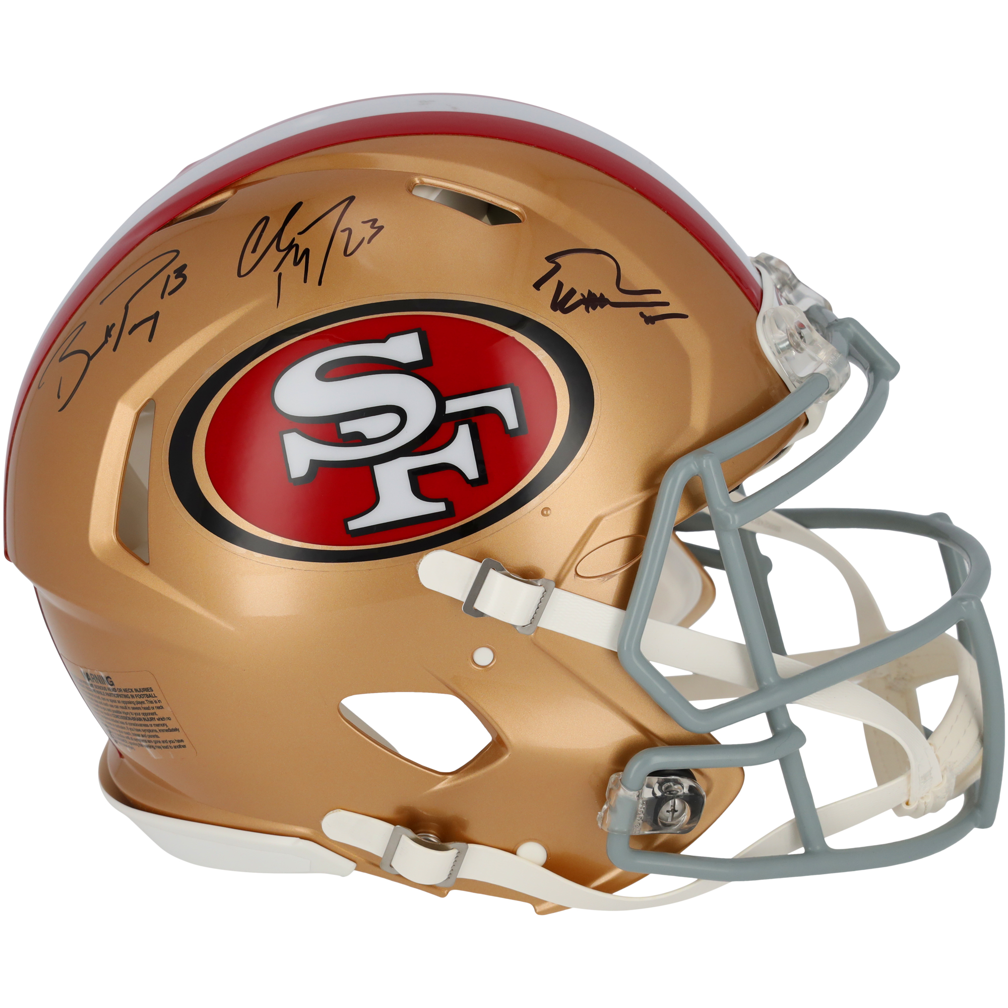 Brock Purdy, Christian McCaffrey and George Kittle San Francisco 49ers Autographed Riddell Speed Authentic Helmet