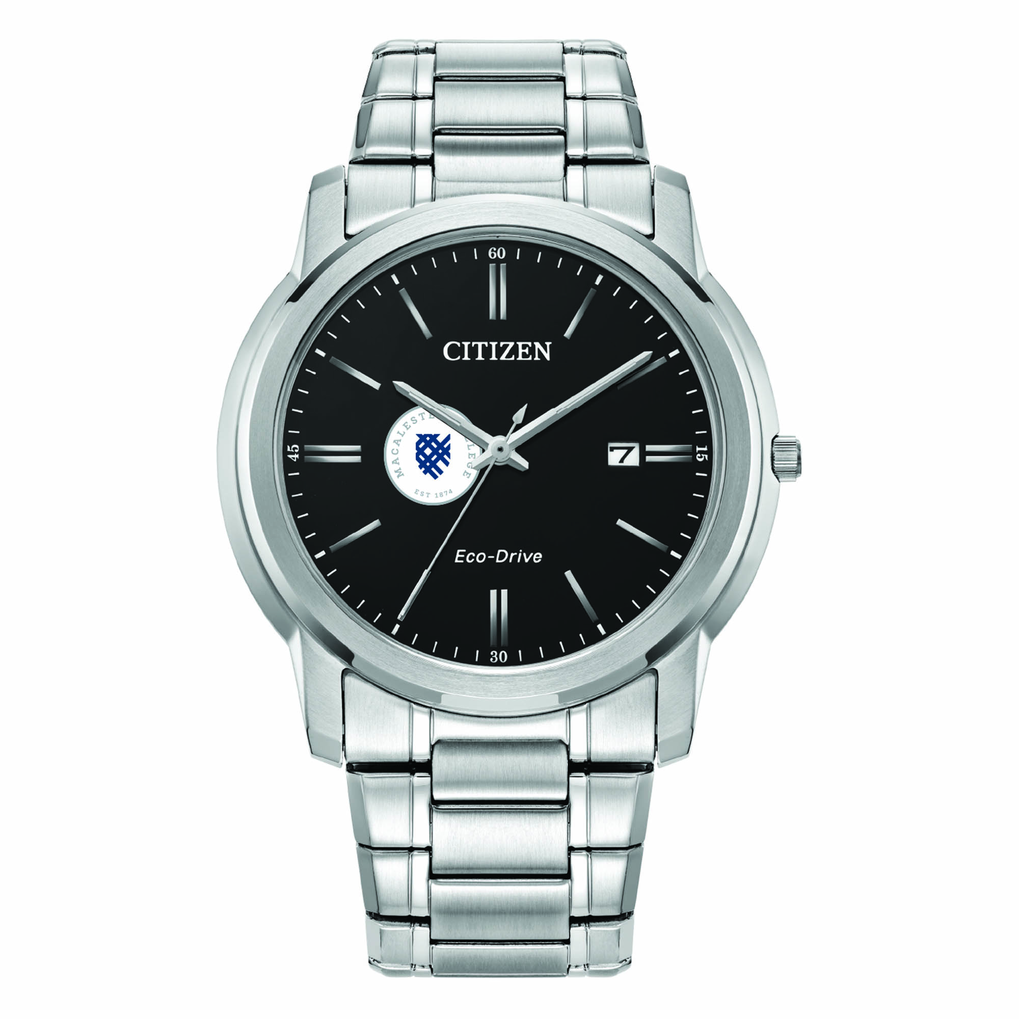 Men's Citizen Watch Silver Macalester Scots Eco-Drive Black Dial Stainless Steel Watch