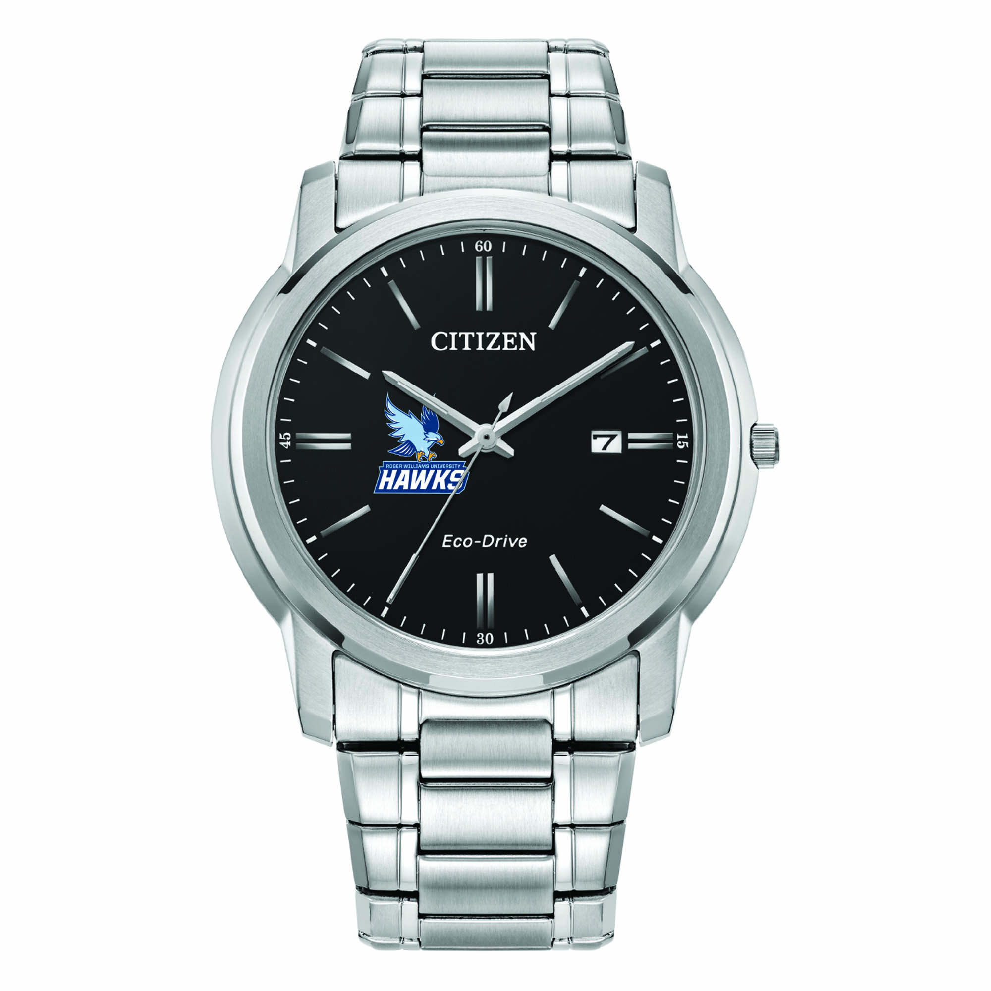 Men's Citizen Watch Silver RWU Hawks Eco-Drive Black Dial Stainless Steel Watch