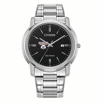 Men's Citizen Watch Silver Nazareth University Golden Flyers Eco-Drive Black Dial Stainless Steel Watch